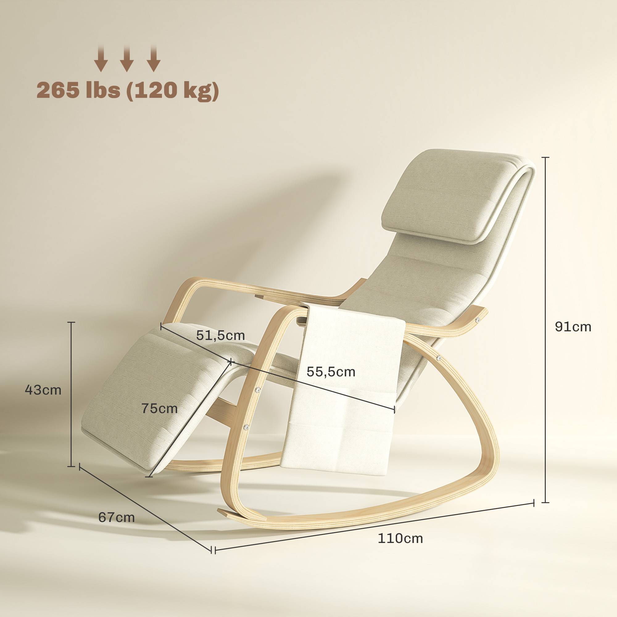 Fauteuil relax à bascule fauteuil allaitement avec repose-pieds réglable, poche latérale et appui-tête, blanc crème - Image 5
