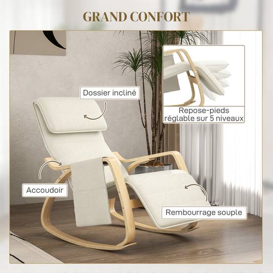 Fauteuil relax à bascule fauteuil allaitement avec repose-pieds réglable, poche latérale et appui-tête, blanc crème - Image 7