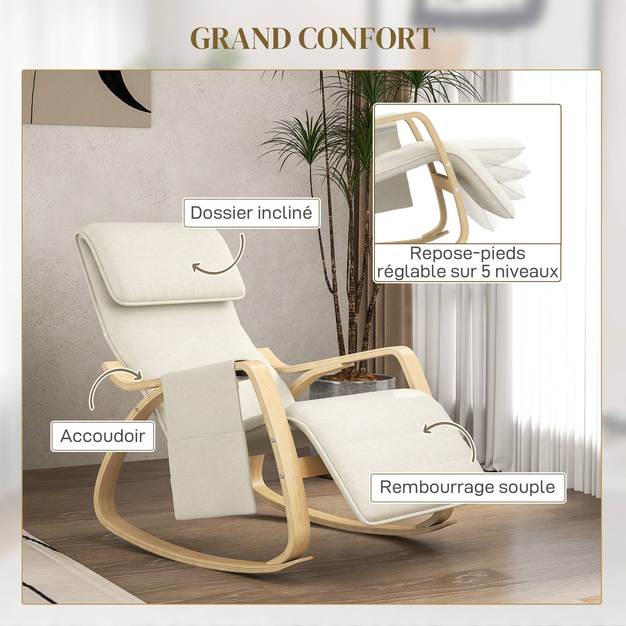 Fauteuil relax à bascule fauteuil allaitement avec repose-pieds réglable, poche latérale et appui-tête, blanc crème - Image 7