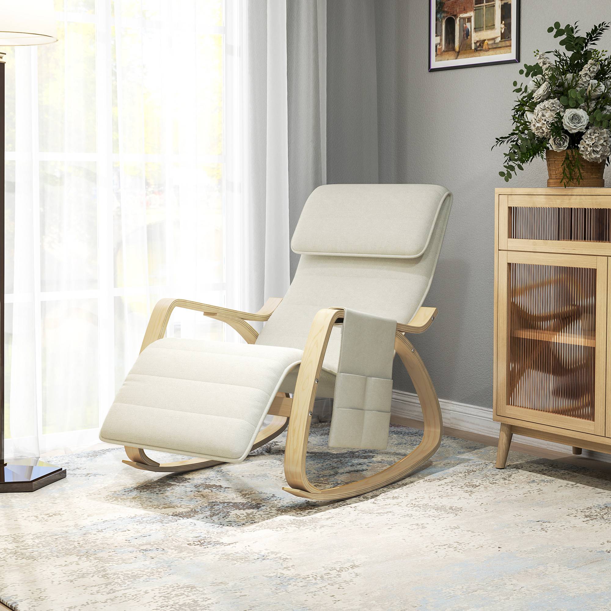 Fauteuil relax à bascule fauteuil allaitement avec repose-pieds réglable, poche latérale et appui-tête, blanc crème - Image 3