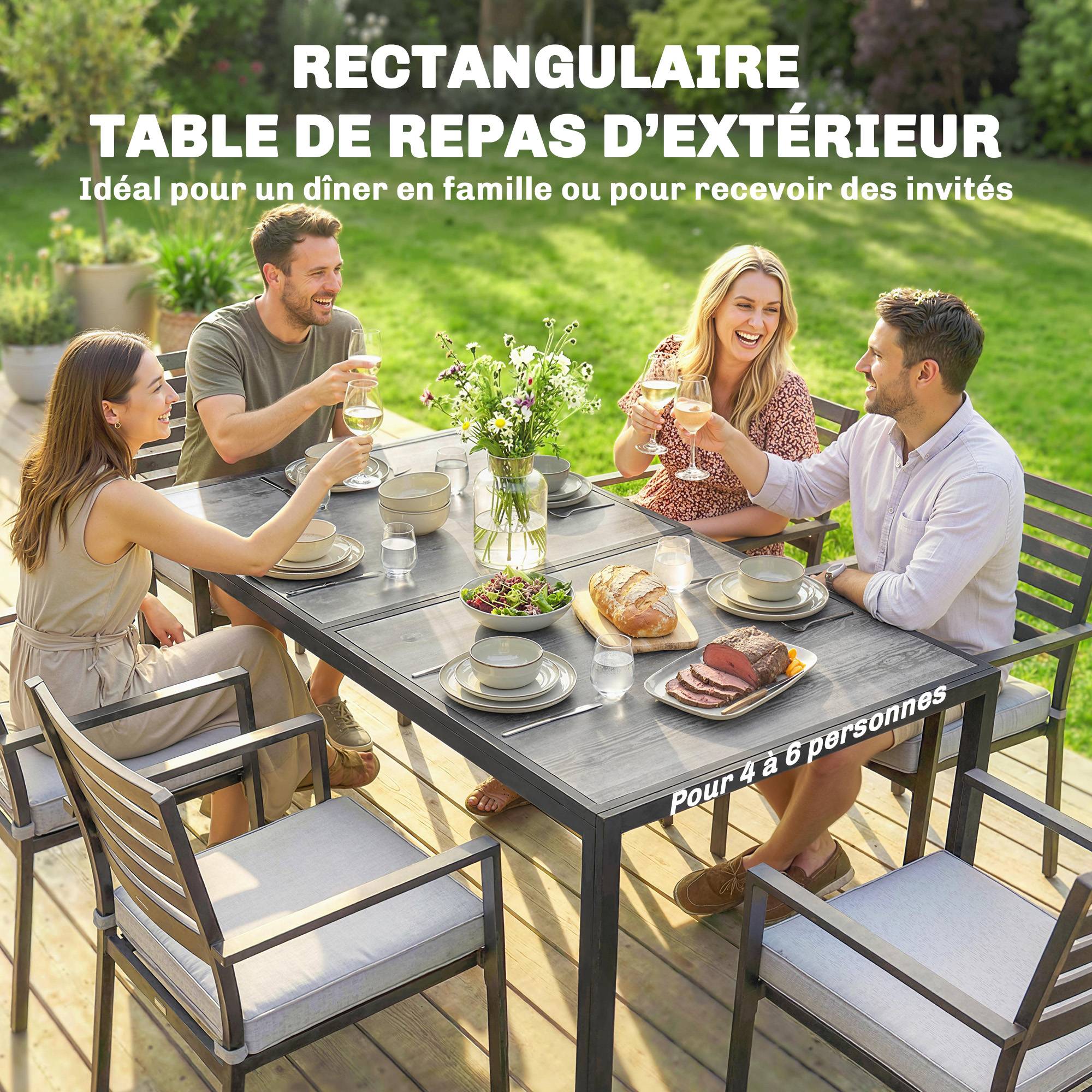 ComfortXL - Table à manger de jardin Acier galvanisé Famille 4 à 6 personnes Plateau effet bois 150x80cm - ComfortXL Outdoor Living - Image 6