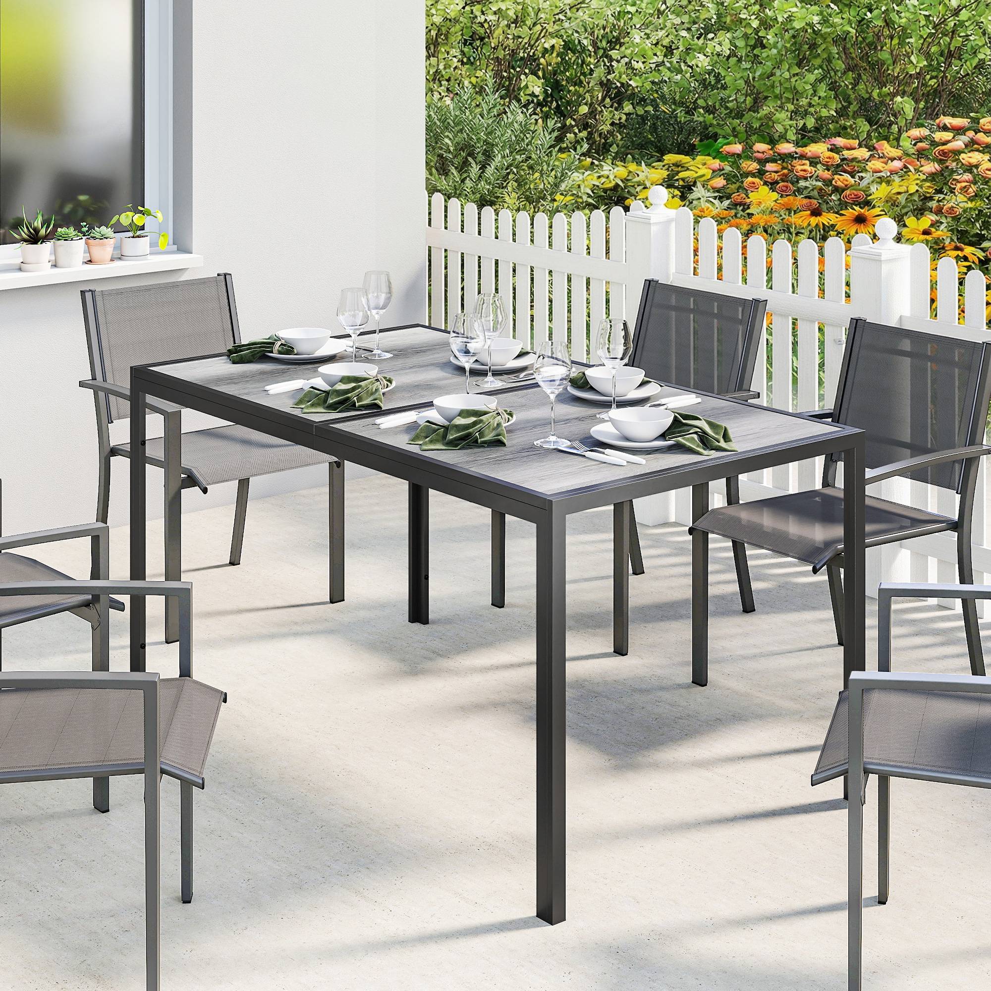 ComfortXL - Table à manger de jardin Acier galvanisé Famille 4 à 6 personnes Plateau effet bois 150x80cm - ComfortXL Outdoor Living - Image 9