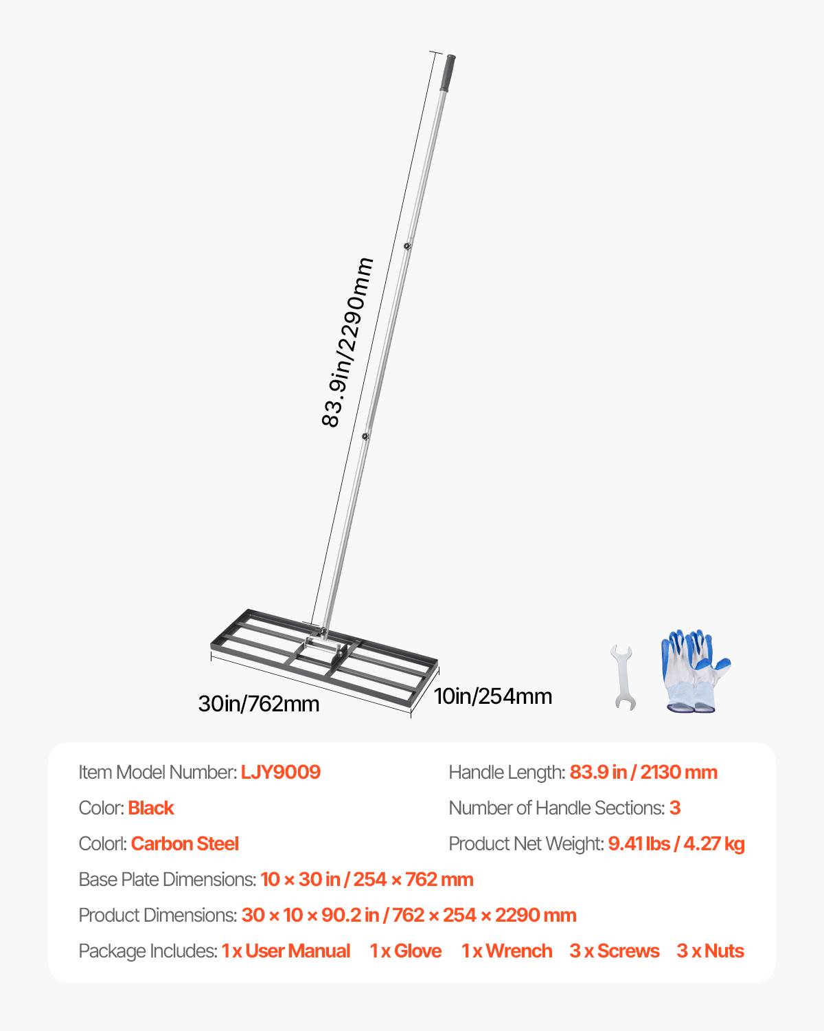 VEVOR Rateau nivellement pelouse, 762x254x2290 mm, manche 2130 mm. Acier carbone, pour cour, golf, jardin. - Image 7