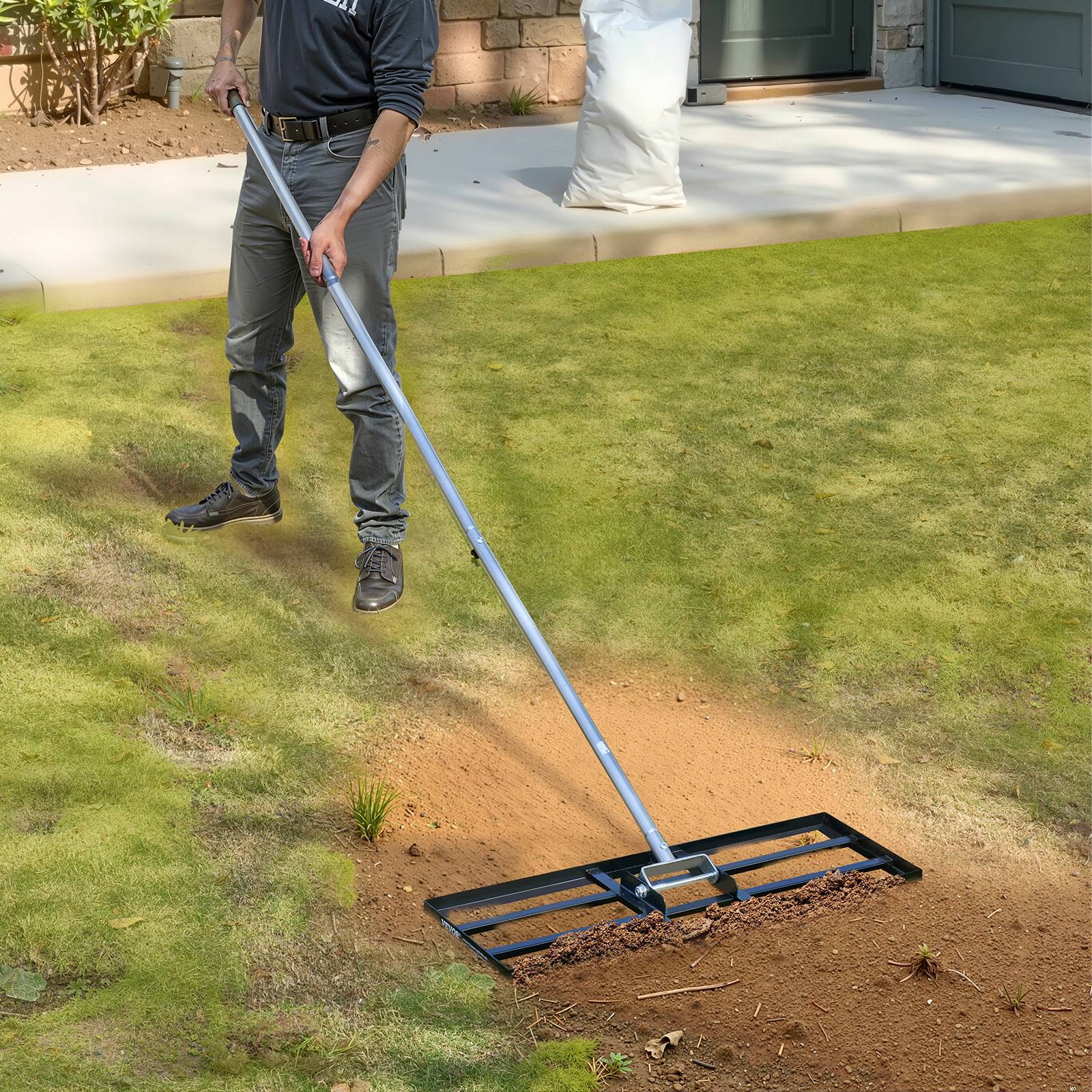 VEVOR Rateau nivellement pelouse, 762x254x2290 mm, manche 2130 mm. Acier carbone, pour cour, golf, jardin. - Image 8
