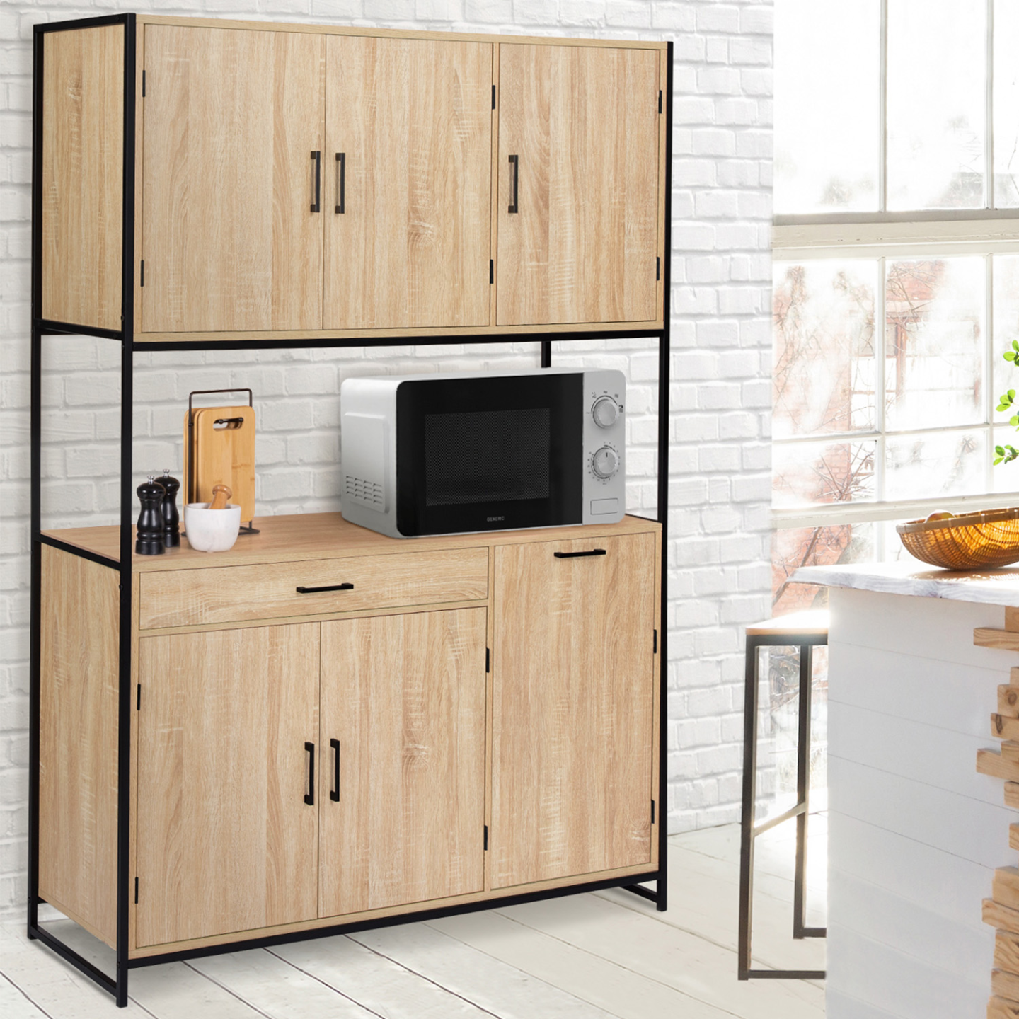 Buffet de cuisine 120 CM DETROIT meuble 6 portes design industriel + tiroir - Image 1