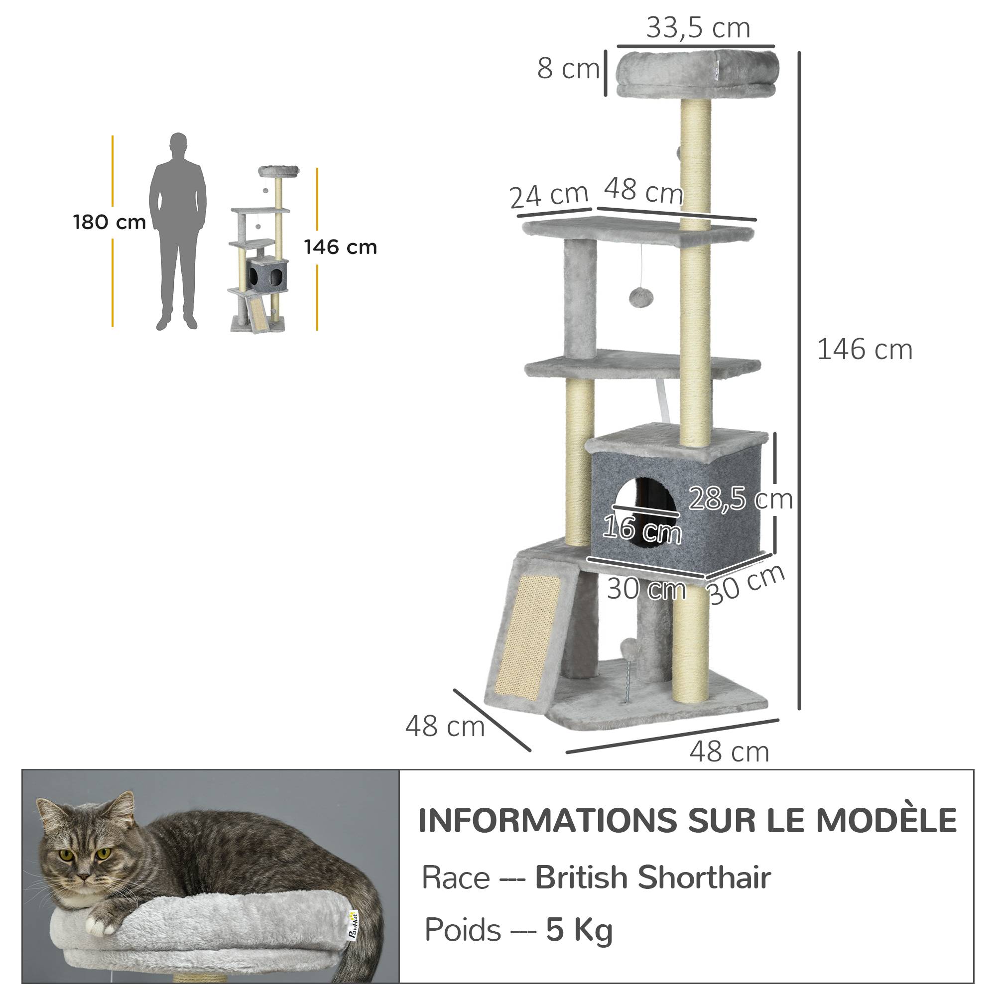 Pawhut - Arbre à chat multi-équipement griffoirs grattoirs plateformes niche panier jeu boules gris - Imagen 3