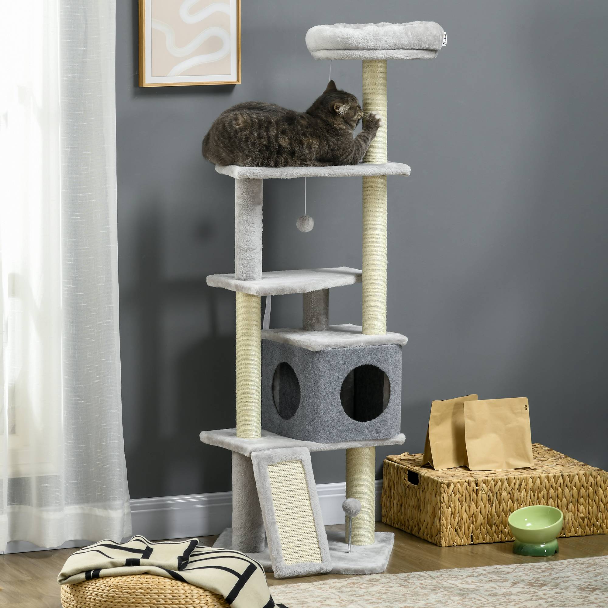 Pawhut - Arbre à chat multi-équipement griffoirs grattoirs plateformes niche panier jeu boules gris - Imagen 2