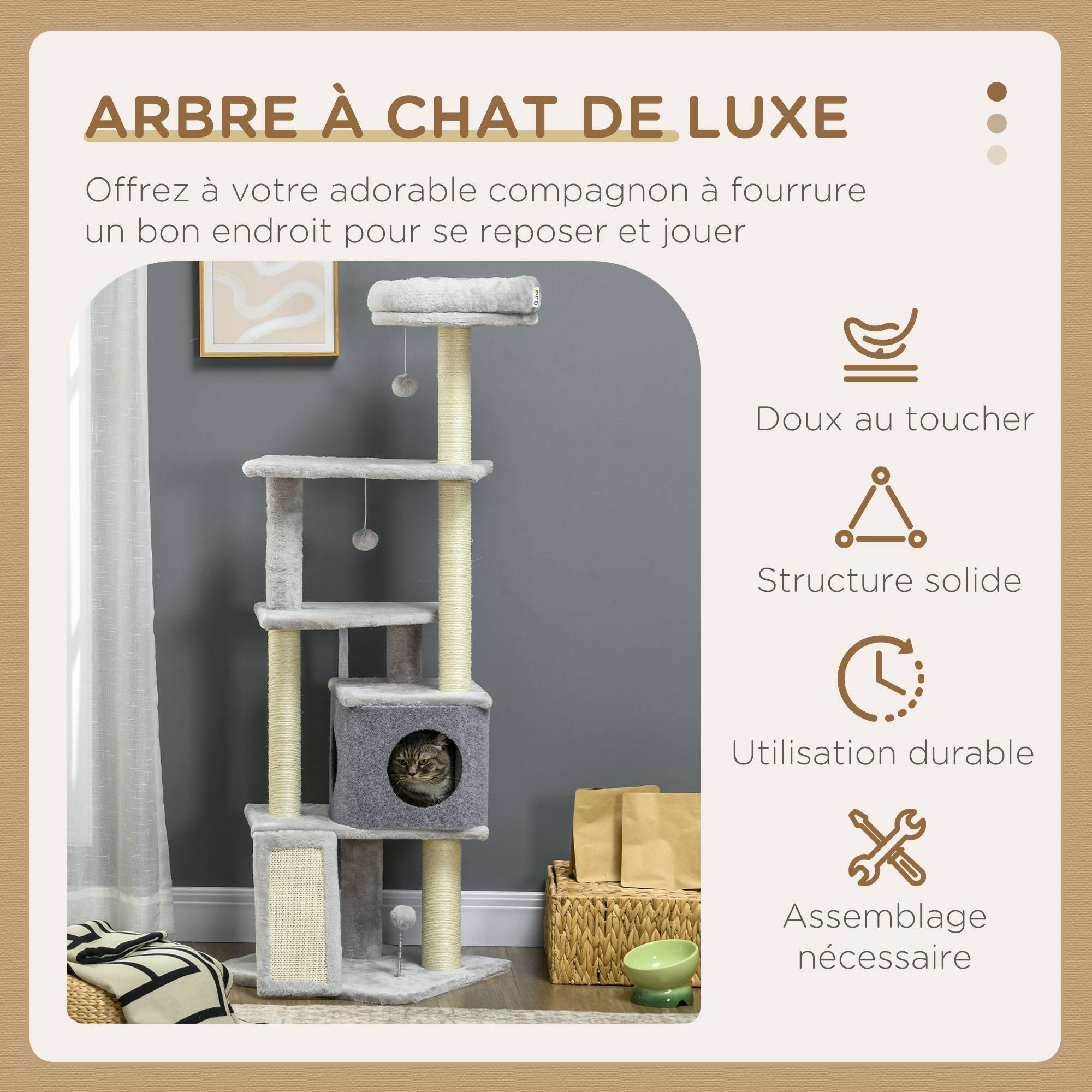 Pawhut - Arbre à chat multi-équipement griffoirs grattoirs plateformes niche panier jeu boules gris - Imagen 4