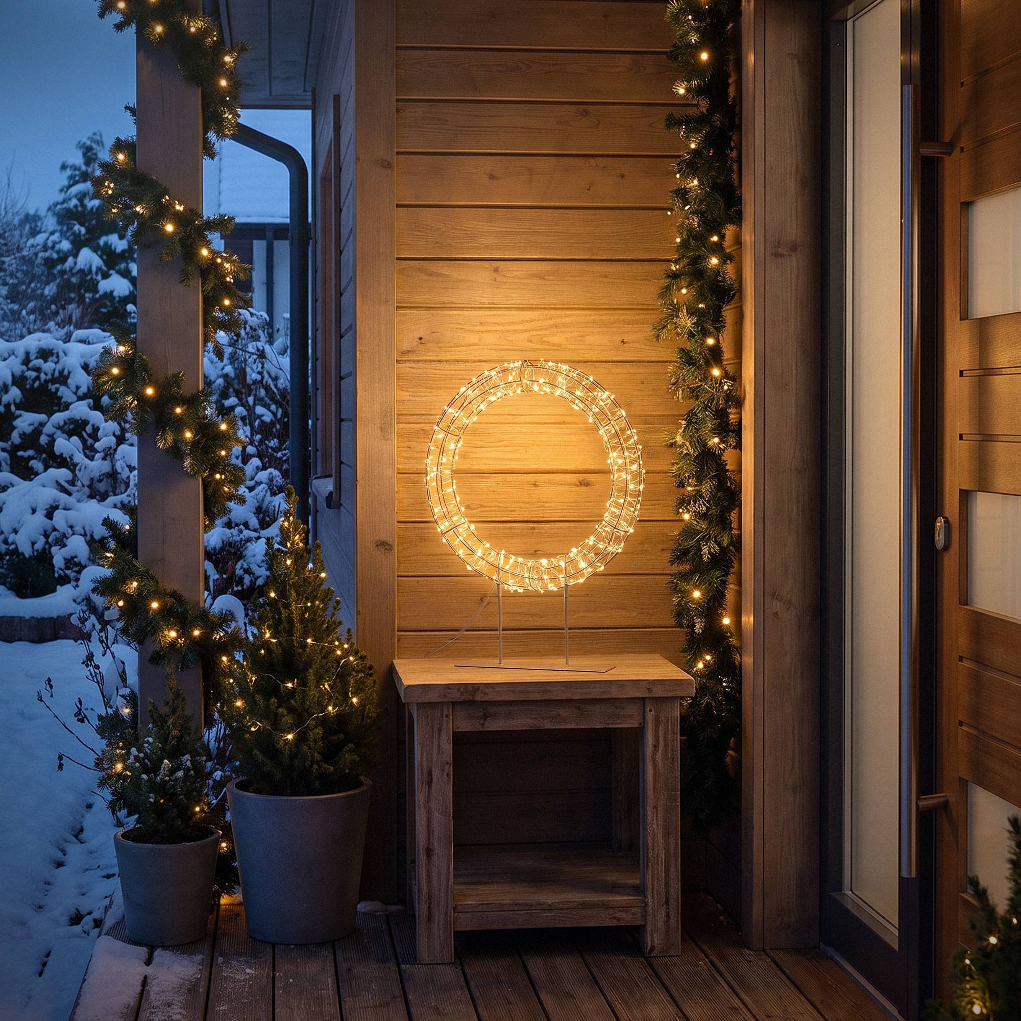 Ecd-Germany - Couronne de Noël LED sur pied, Ø 41,5 cm, décoration lumineuse, 200 LED lumière blanc chaud, intérieur et extérieur, anneau décoratif, cercle lumineux - Image 9