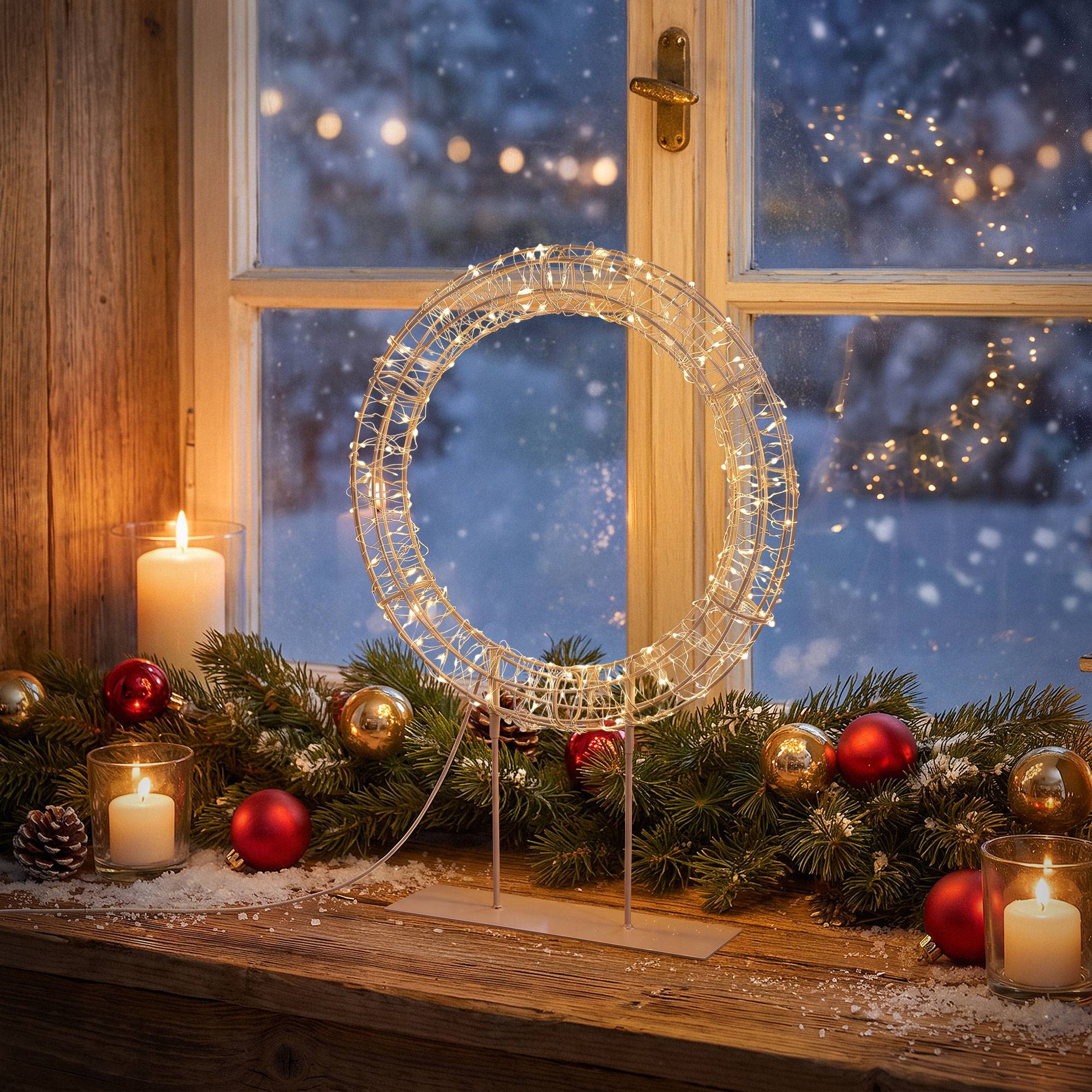 Ecd-Germany - Couronne de Noël LED sur pied, Ø 41,5 cm, décoration lumineuse, 200 LED lumière blanc chaud, intérieur et extérieur, anneau décoratif, cercle lumineux - Image 1