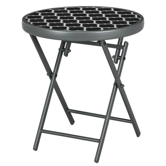 Table basse pliante table d'appoint pliante plateau en verre trempé motifs noirs et blancs en métal Ø 45 x 50 cm noir - Image 2