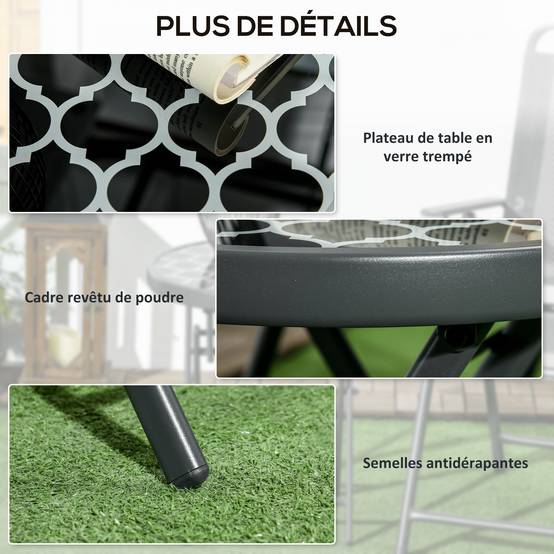 Table basse pliante table d'appoint pliante plateau en verre trempé motifs noirs et blancs en métal Ø 45 x 50 cm noir - Image 9