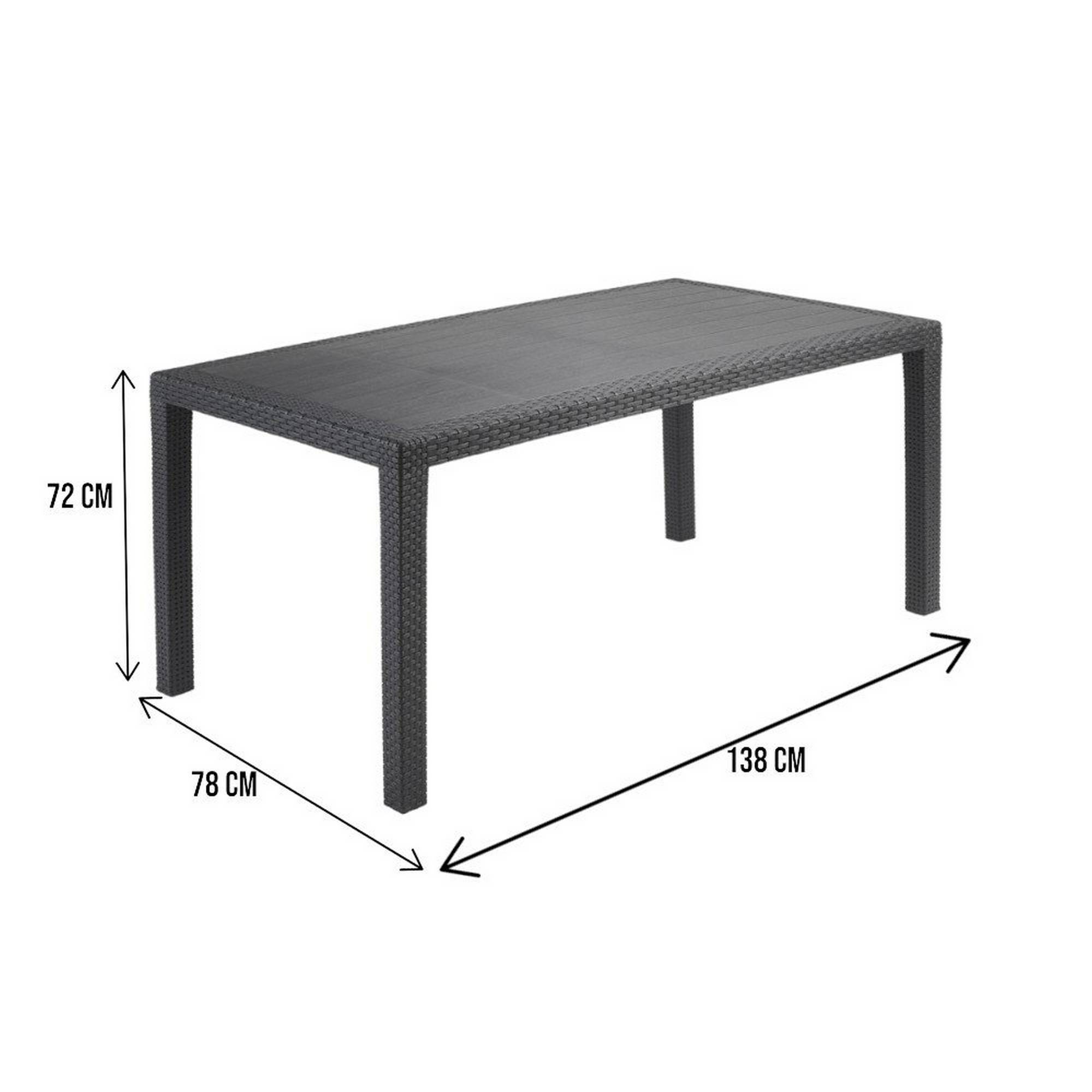 Dmora - Table d'extérieur Dfelic, Étagère rectangulaire fixe, Table de jardin polyvalente effet rotin, 100% Made in Italy, 138x78h72 cm, Anthracite - Dmora - Imagen 3