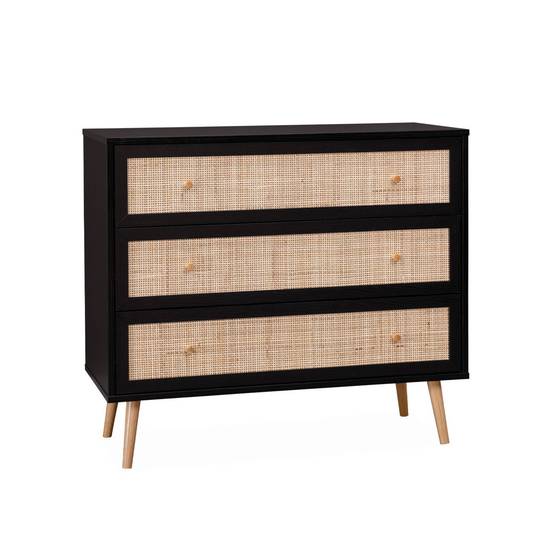 Commode en décor bois noir et cannage 90x39x79cm - Bohème - 3 tiroirs | sweeek - Image 2