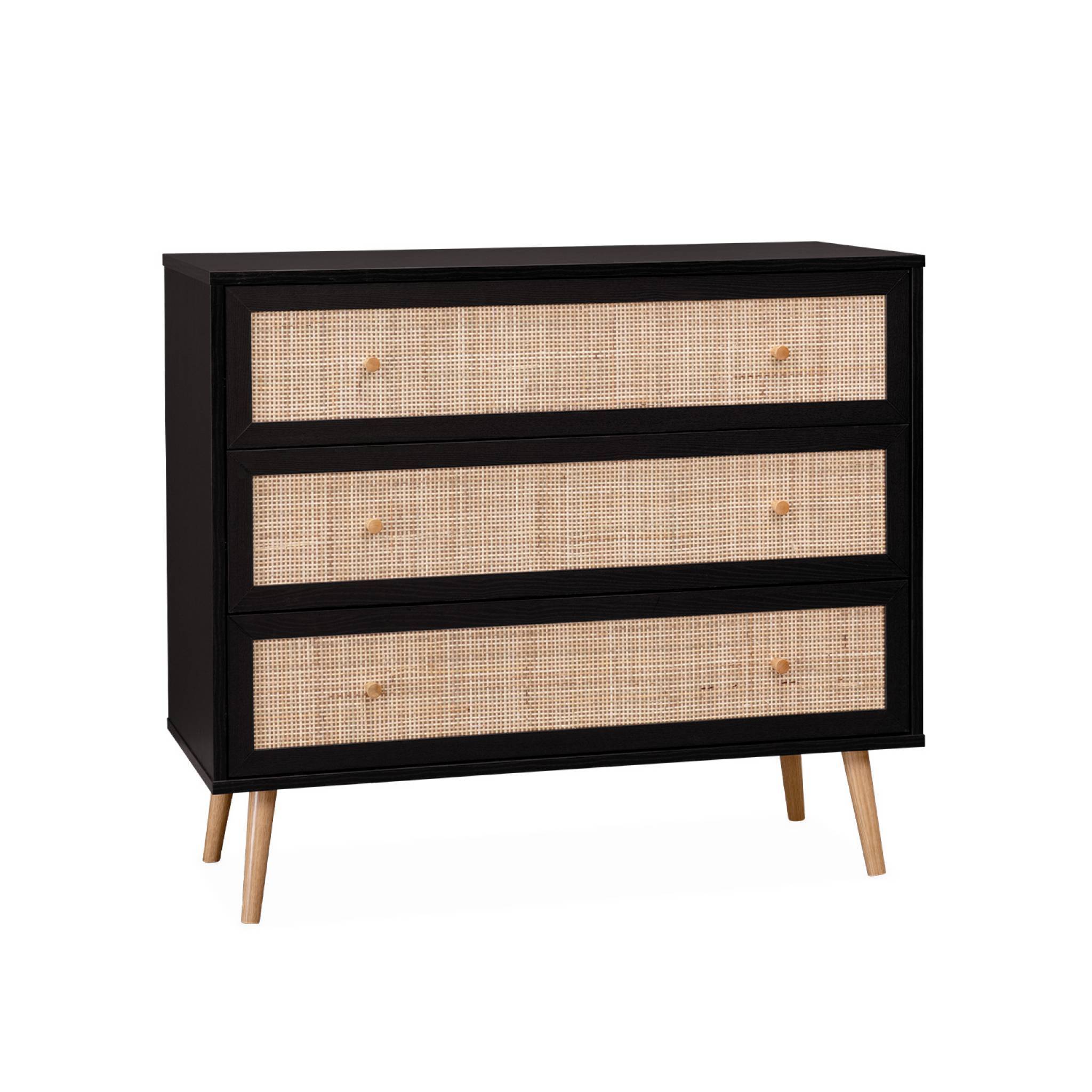 Commode en décor bois noir et cannage 90x39x79cm - Bohème - 3 tiroirs | sweeek - Image 2