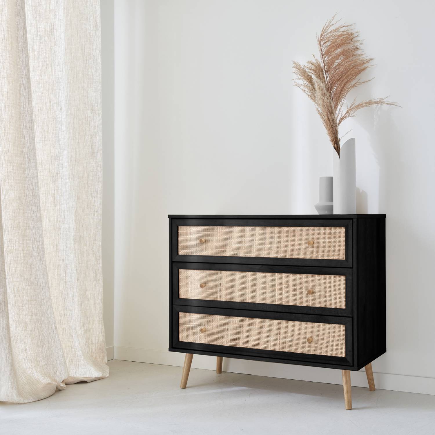 Commode en décor bois noir et cannage 90x39x79cm - Bohème - 3 tiroirs | sweeek - Image 1