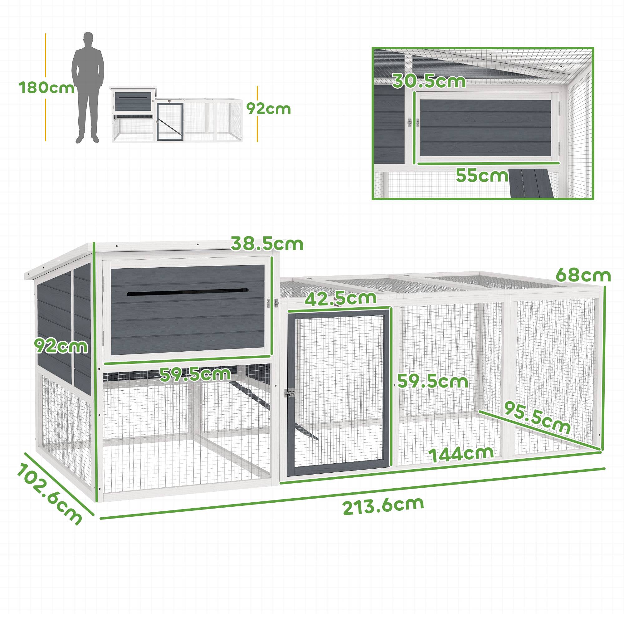 Poulailler bois extérieur 2 à 4 poules avec pondoir et enclos 214x101cm gris - ComfortXL Outdoor Living - Image 5