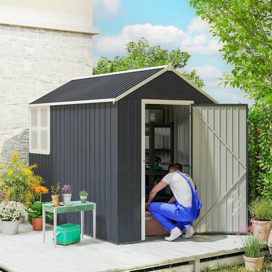 ComfortXL - Abri de jardin en acier galvanisé 259 x 172 x 222 cm gris foncé double porte avec fenêtre rangement extérieur - Image 3