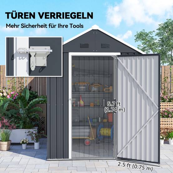 ComfortXL - Abri de jardin en acier galvanisé 259 x 172 x 222 cm gris foncé double porte avec fenêtre rangement extérieur - Image 9