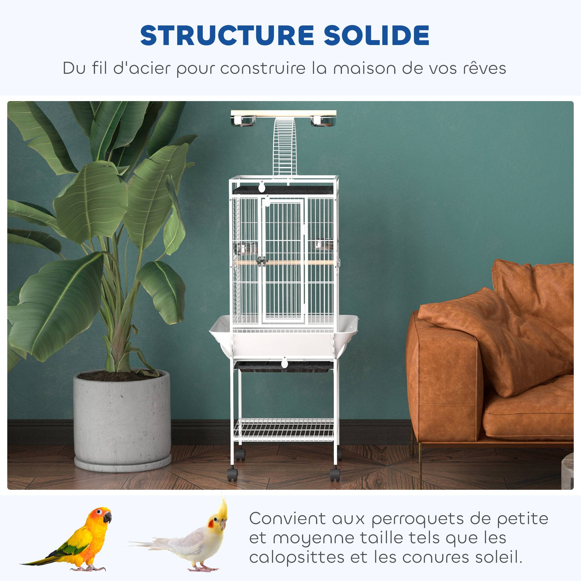Cage oiseaux, voliere oiseaux à roulettes avec support, plateau coulissant, perchoir en bois, 62,5x62,5x156cm, blanc - Image 9