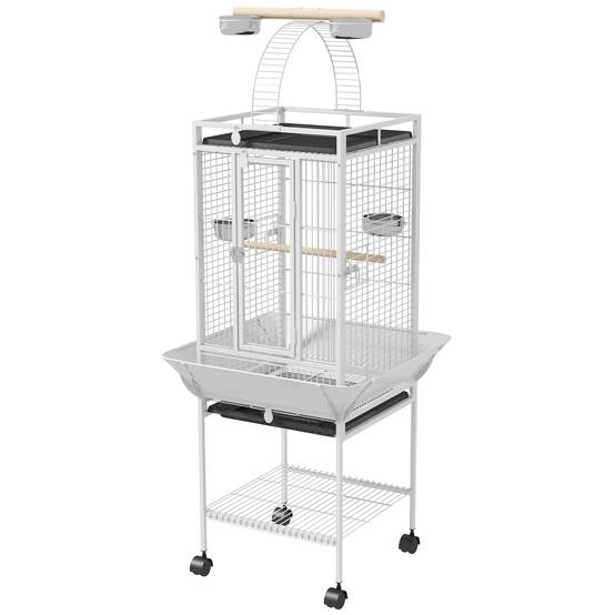 Cage oiseaux, voliere oiseaux à roulettes avec support, plateau coulissant, perchoir en bois, 62,5x62,5x156cm, blanc - Image 2