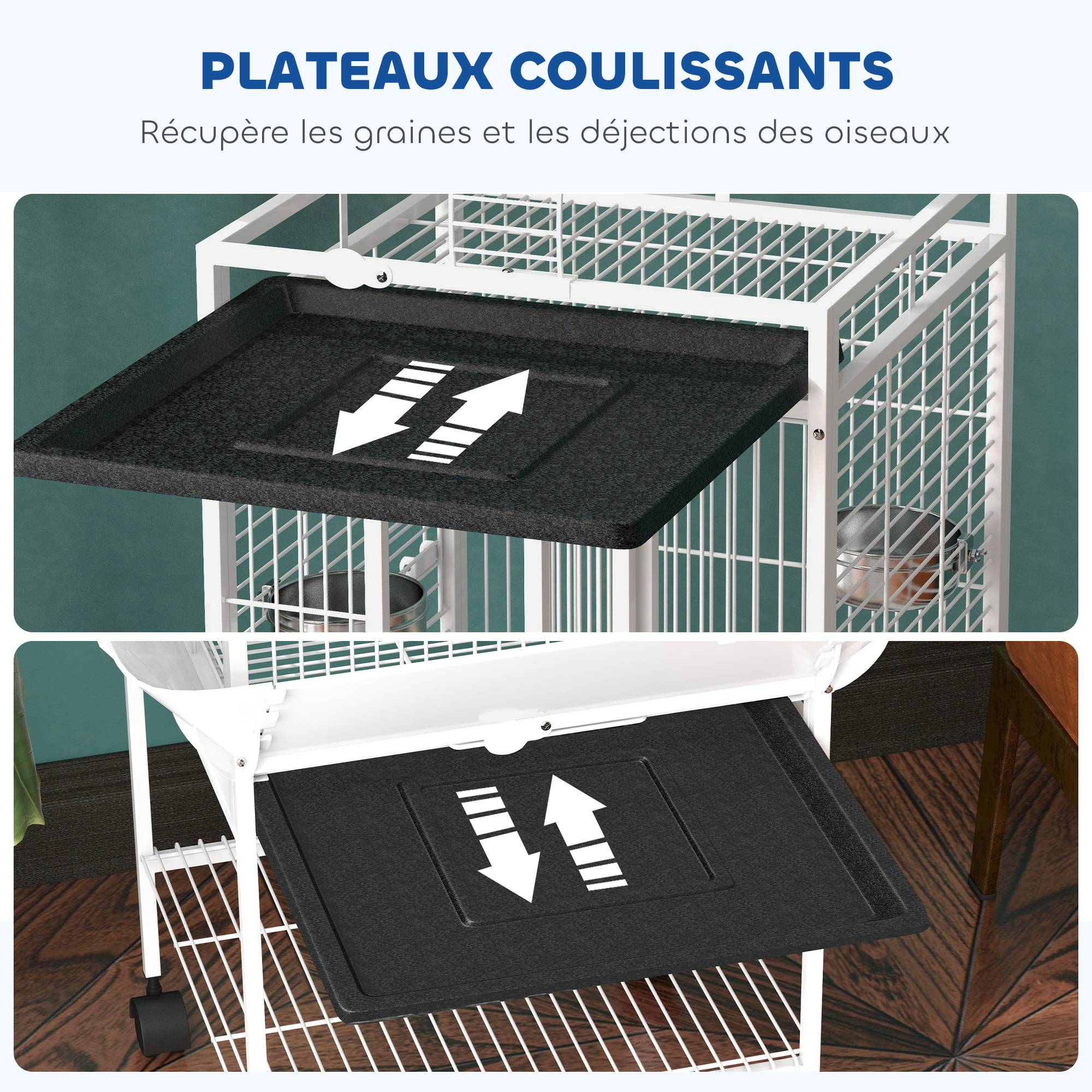 Cage oiseaux, voliere oiseaux à roulettes avec support, plateau coulissant, perchoir en bois, 62,5x62,5x156cm, blanc - Image 6