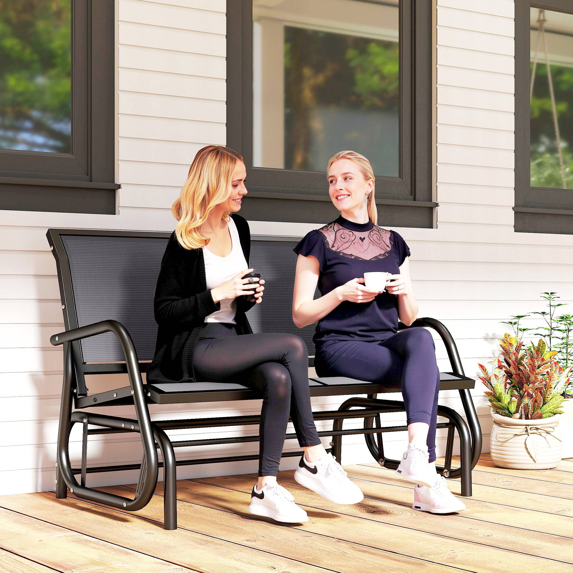 Banc à Bascule de Jardin 2 Places Design Contemporain Grand Confort accoudoirs Assise, Dossier Ergonomique Acier textilène Gris - Image 4