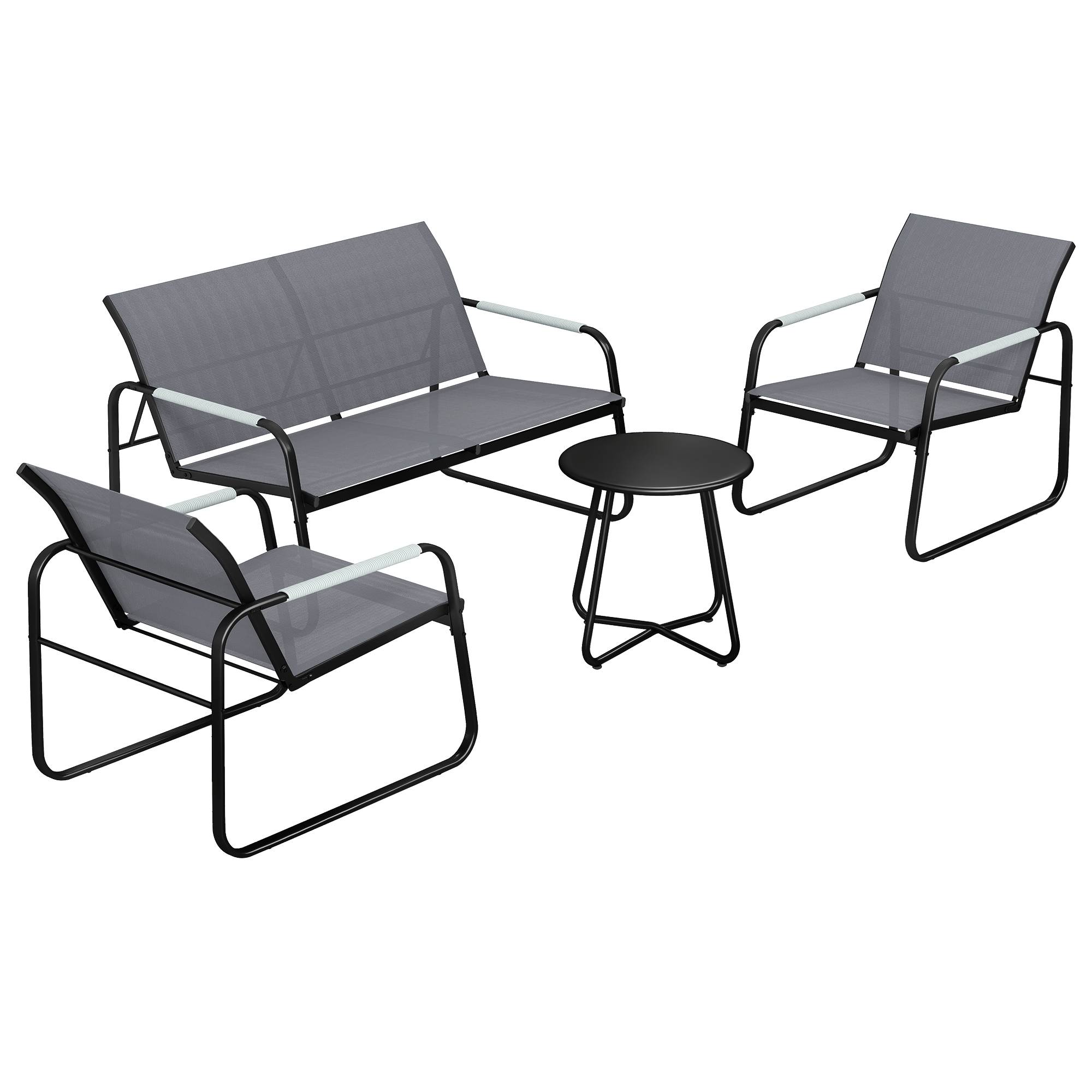 Ensemble de salon de jardin 4 places, canapé 2 places, 2 fauteuils et table ronde, tressage en corde, antidérapant