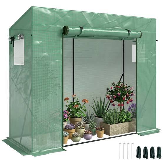Serre adossée acier pour potager extérieur avec toit incliné 200x77x169cm vert - ComfortXL Outdoor Living - Image 1