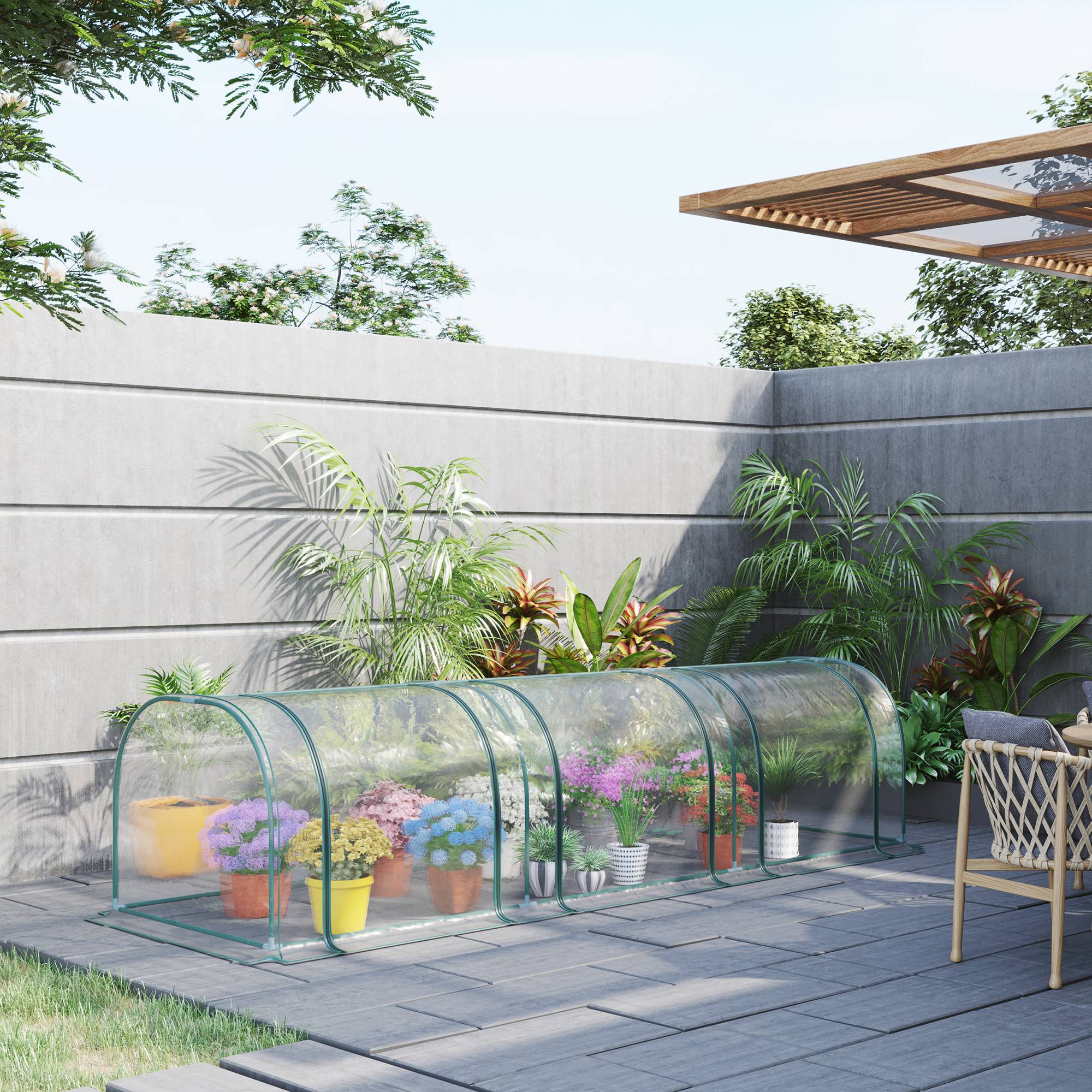 Mini Serre de Jardin Tunnel 350x100x80 cm, Acier et PVC Haute Densité Anti-UV, 3 Fenêtres Zippées Enroulables, Serre à Tomates Vert Transparent - Image 4