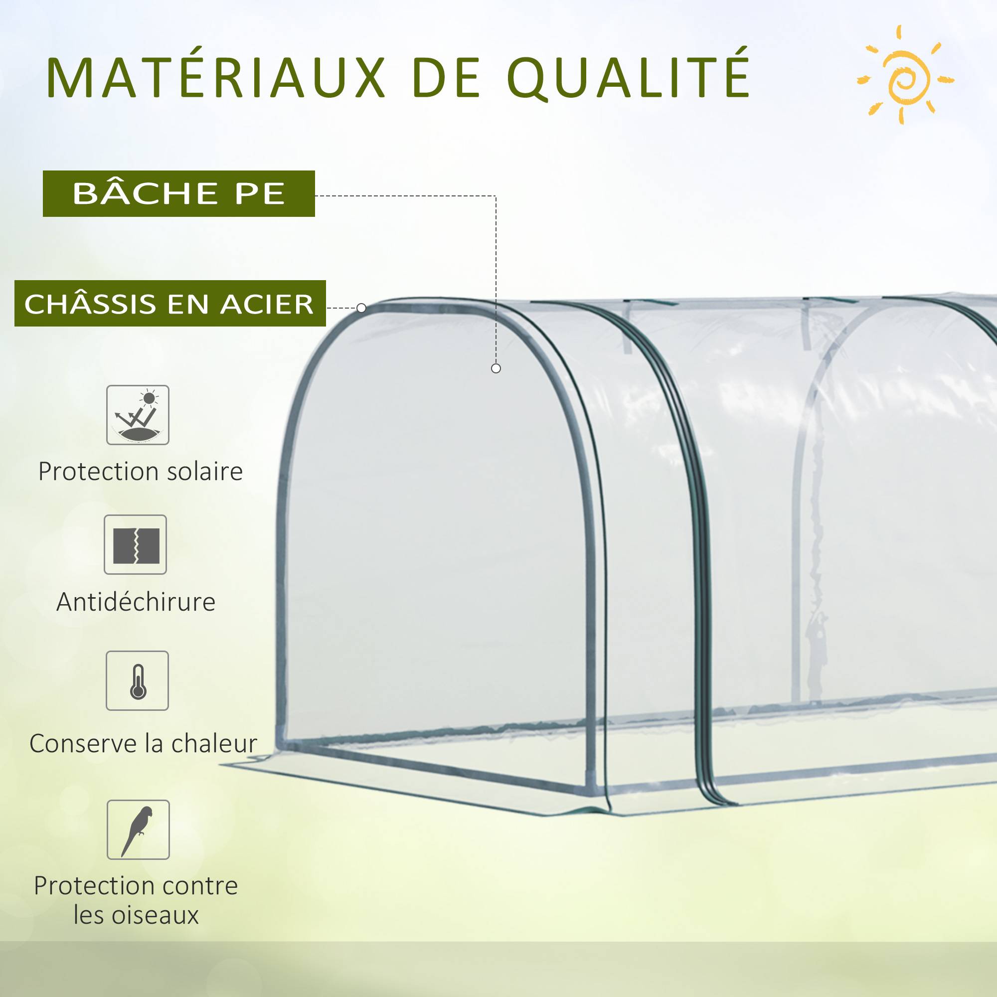 Mini Serre de Jardin Tunnel 350x100x80 cm, Acier et PVC Haute Densité Anti-UV, 3 Fenêtres Zippées Enroulables, Serre à Tomates Vert Transparent - Image 6