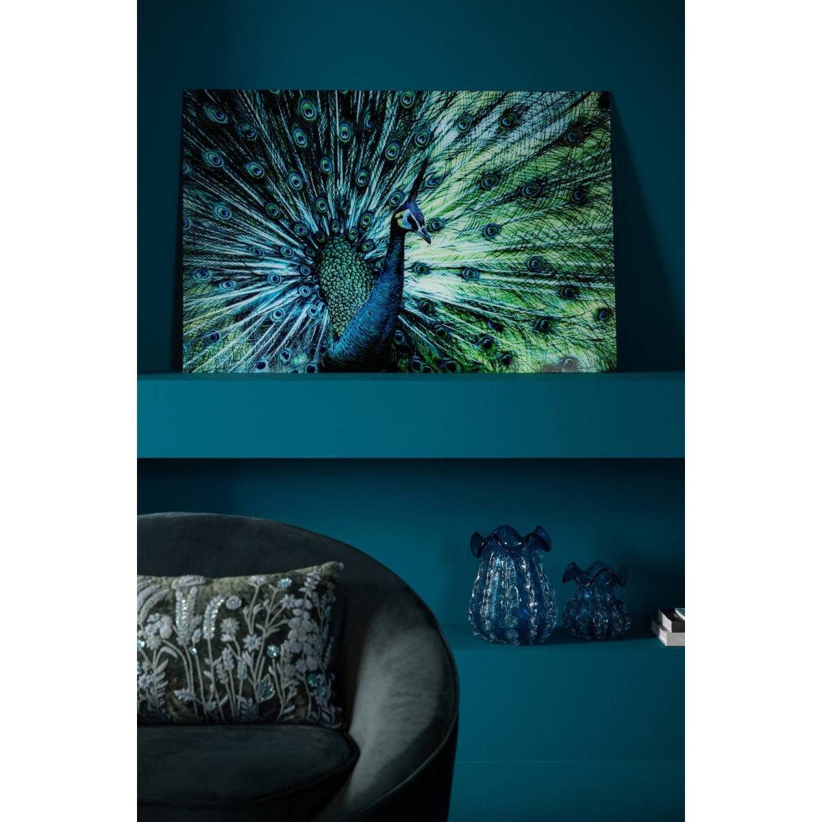 J-Line - Tableau Déco en Verre "Paon" 80x120cm Bleu - Image 3