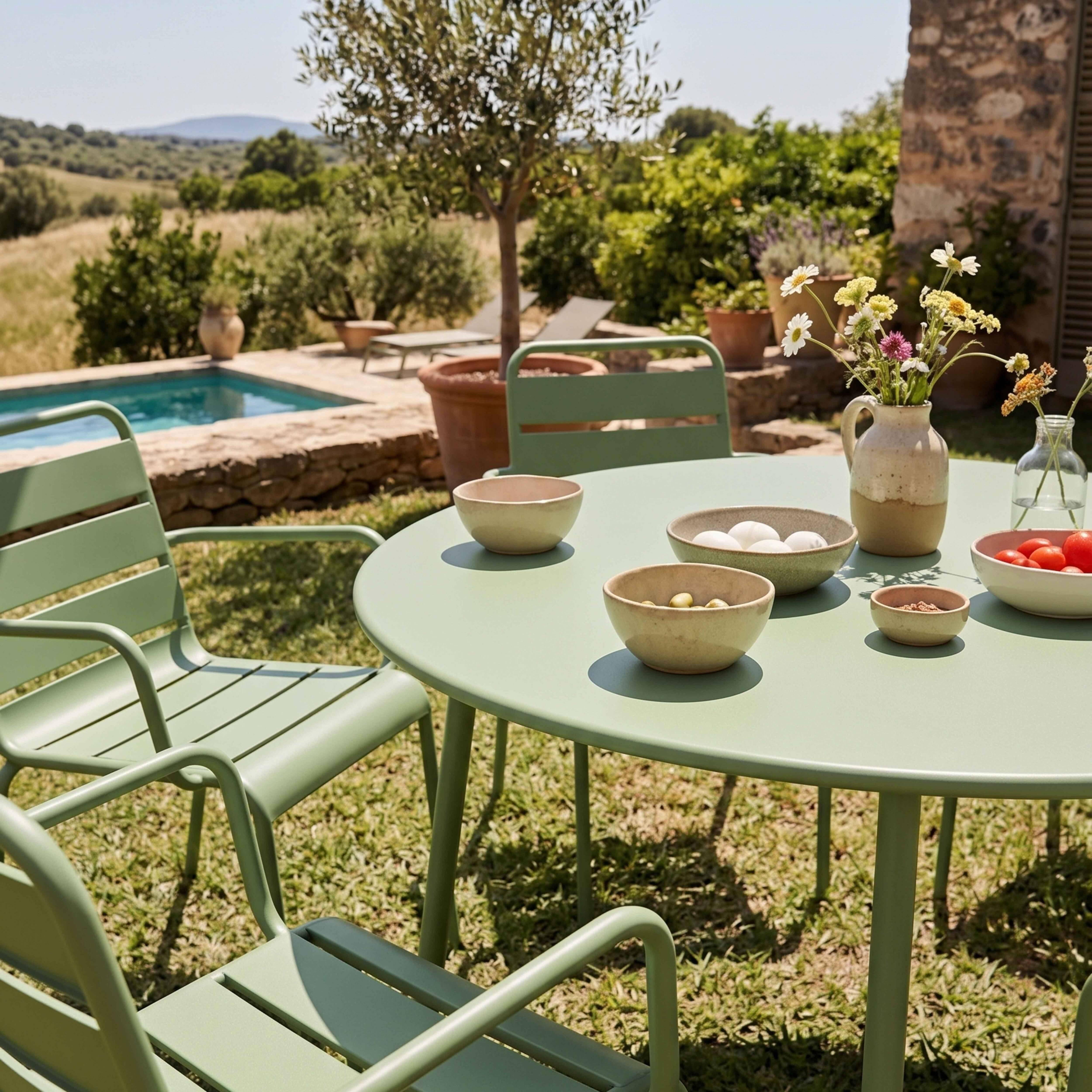 Oviala - Ensemble table de jardin ronde et 6 fauteuils acier vert cactus Palavas - Oviala - Imagen 4