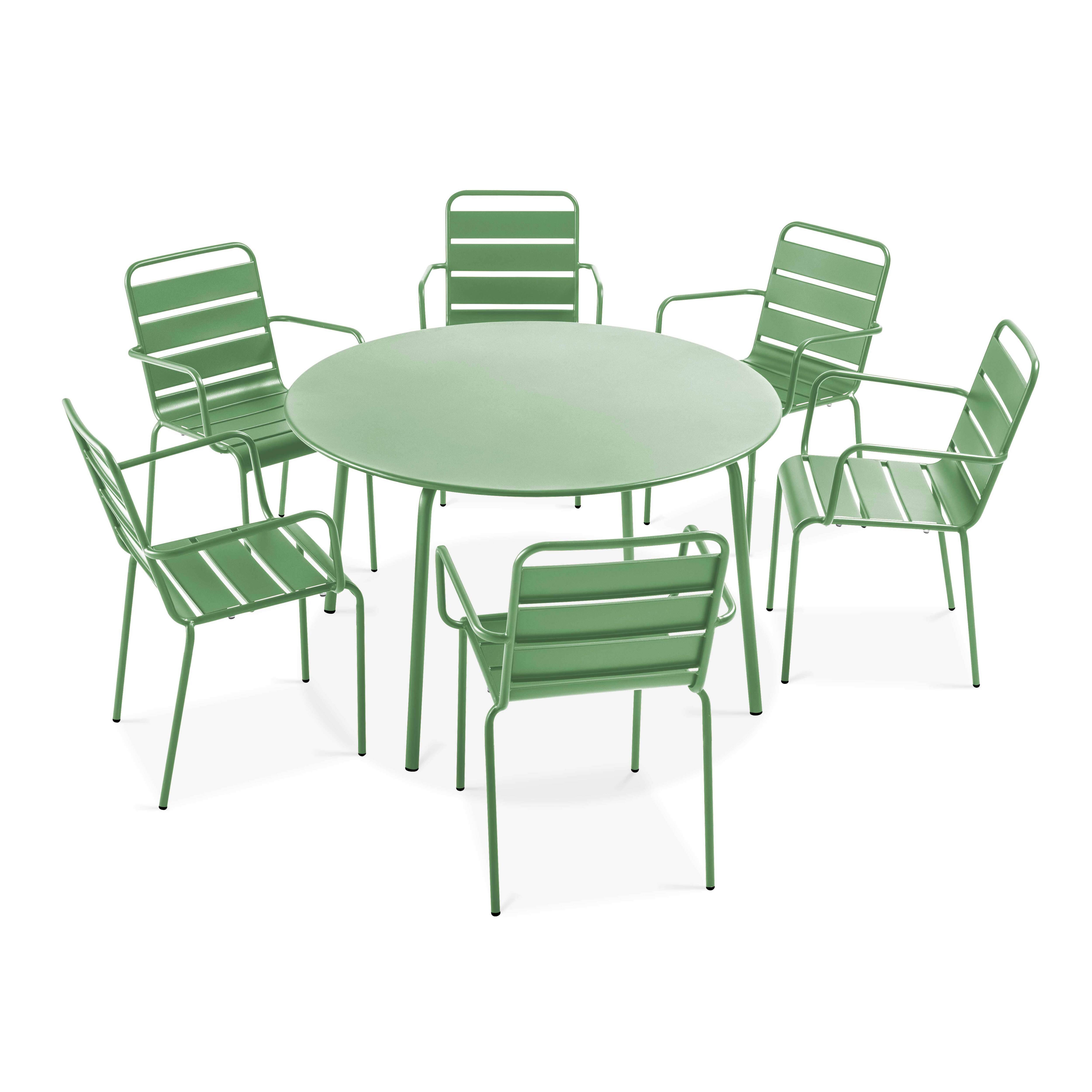 Oviala - Ensemble table de jardin ronde et 6 fauteuils acier vert cactus Palavas - Oviala - Imagen 1