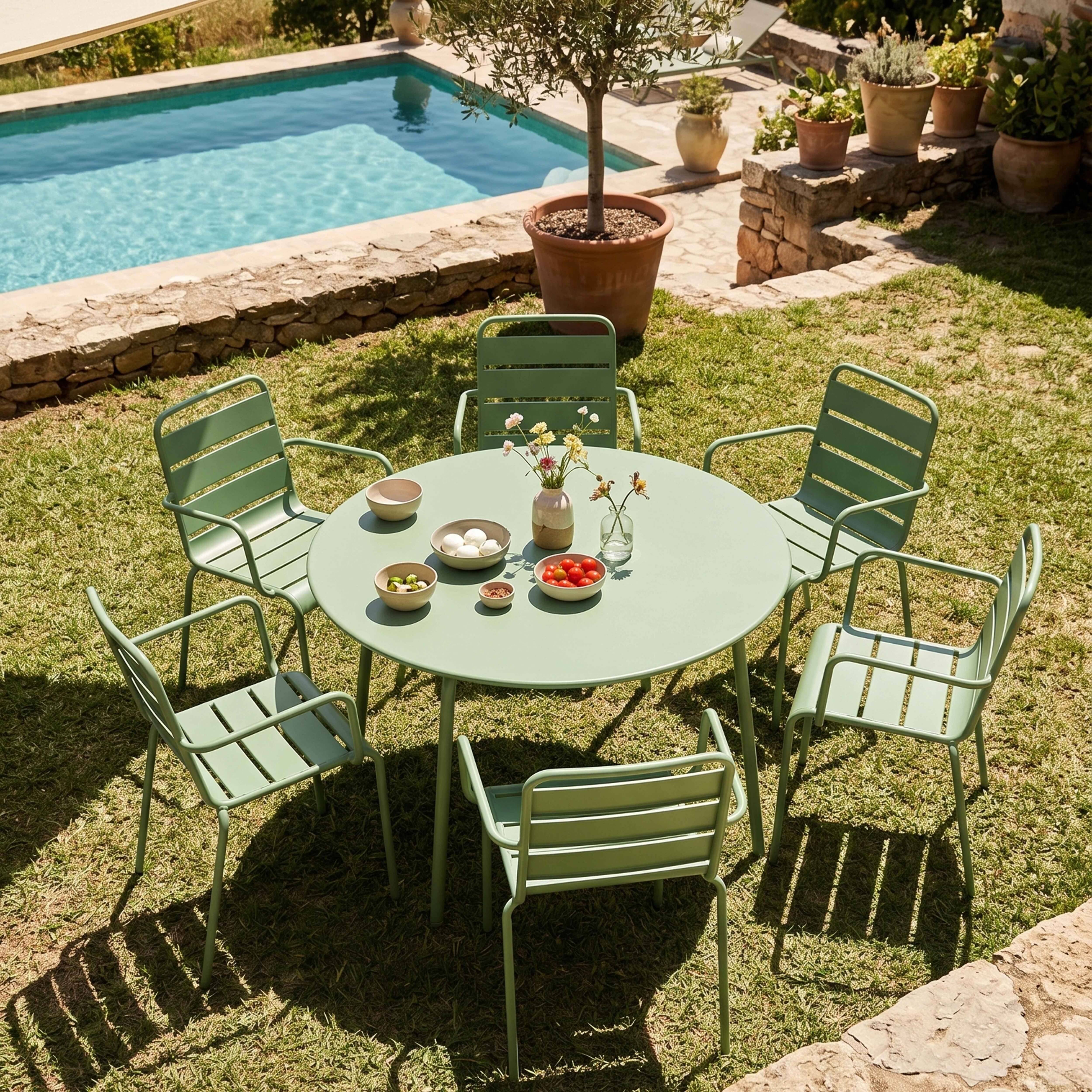 Oviala - Ensemble table de jardin ronde et 6 fauteuils acier vert cactus Palavas - Oviala - Imagen 2