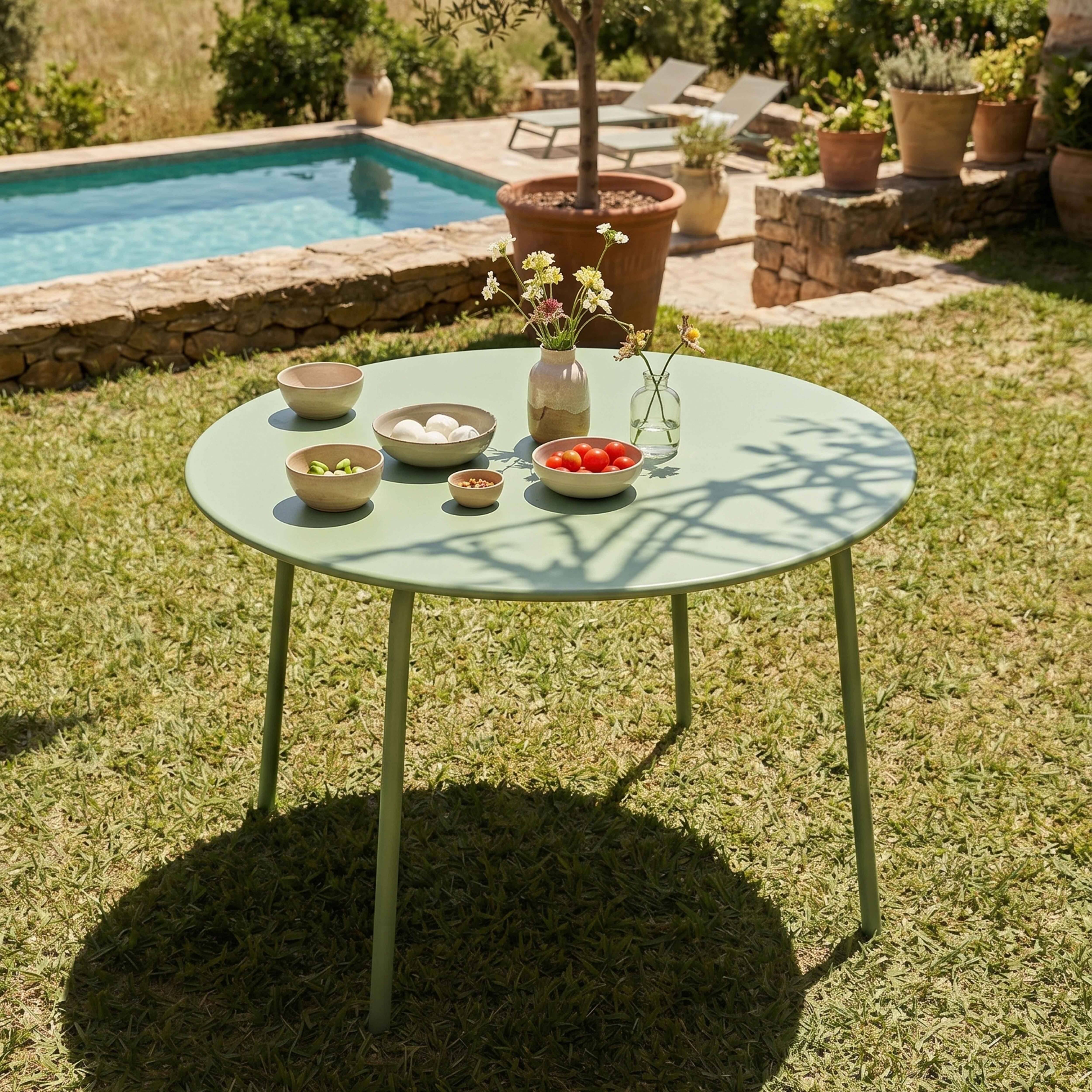 Oviala - Ensemble table de jardin ronde et 6 fauteuils acier vert cactus Palavas - Oviala - Imagen 3
