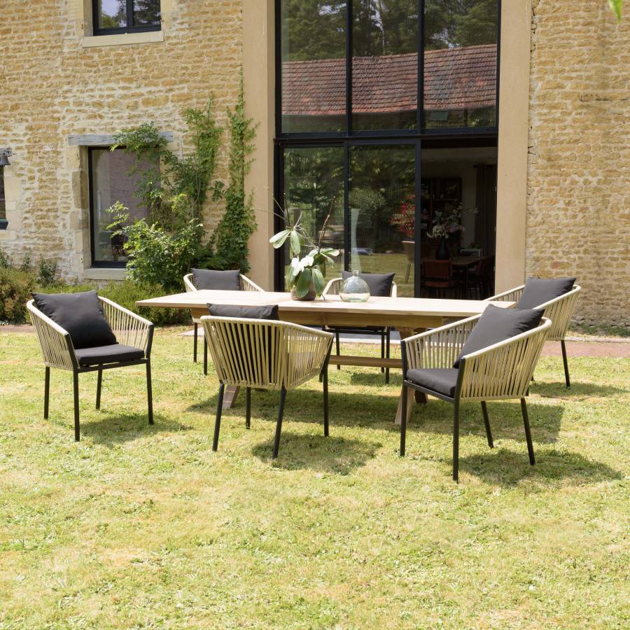 Macabane - MALO - SALON DE JARDIN 6 PERS. - 1 Table rectangulaire 180x100cm et 6 fauteuils beiges et noirs avec coussin - Imagen 2