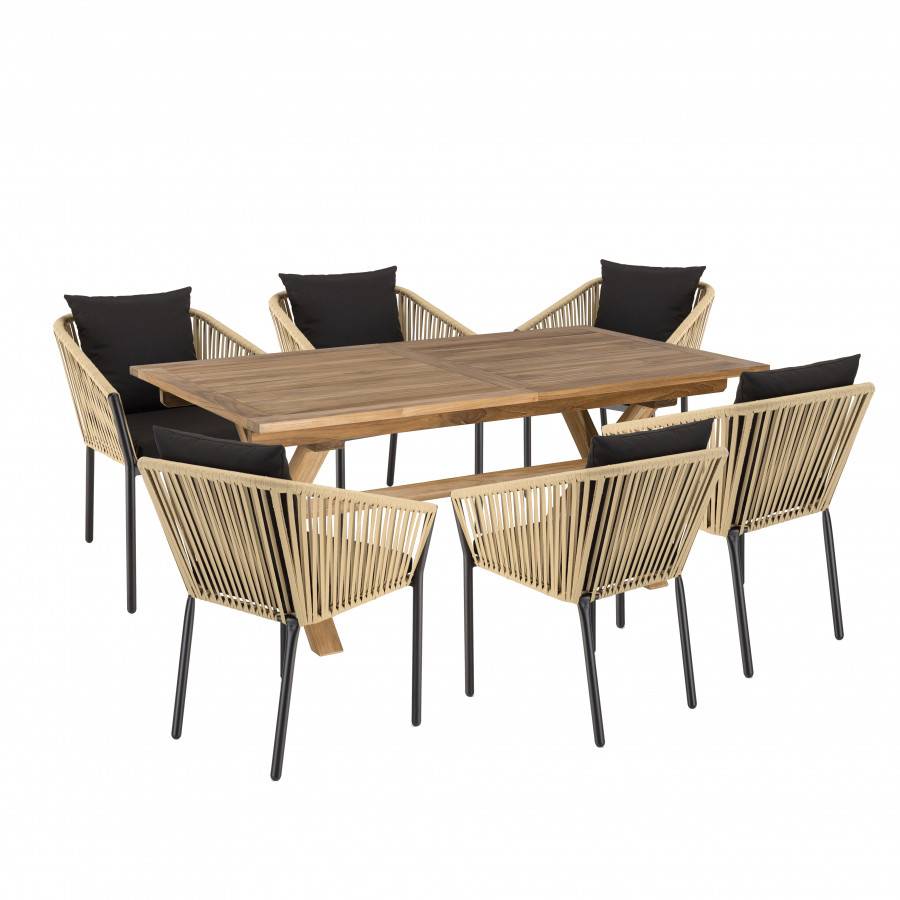 Macabane - MALO - SALON DE JARDIN 6 PERS. - 1 Table rectangulaire 180x100cm et 6 fauteuils beiges et noirs avec coussin - Imagen 1