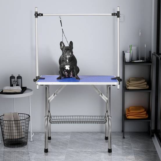 Table de toilettage pliante animaux domestiques 117 x 61 x 76 cm acier inoxydable et MDF bleu - PANGIVO - Image 2