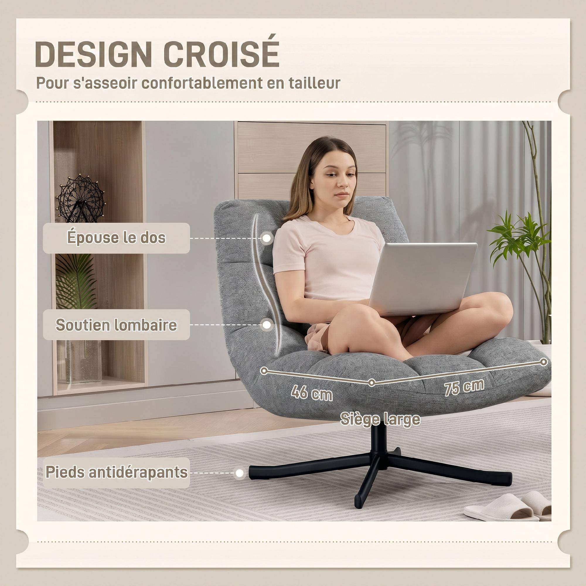Fauteuil salon sans accoudoirs, chaise pivotante en tissu chenille, assise large, 75 x 95 x 90 cm, gris - Image 6
