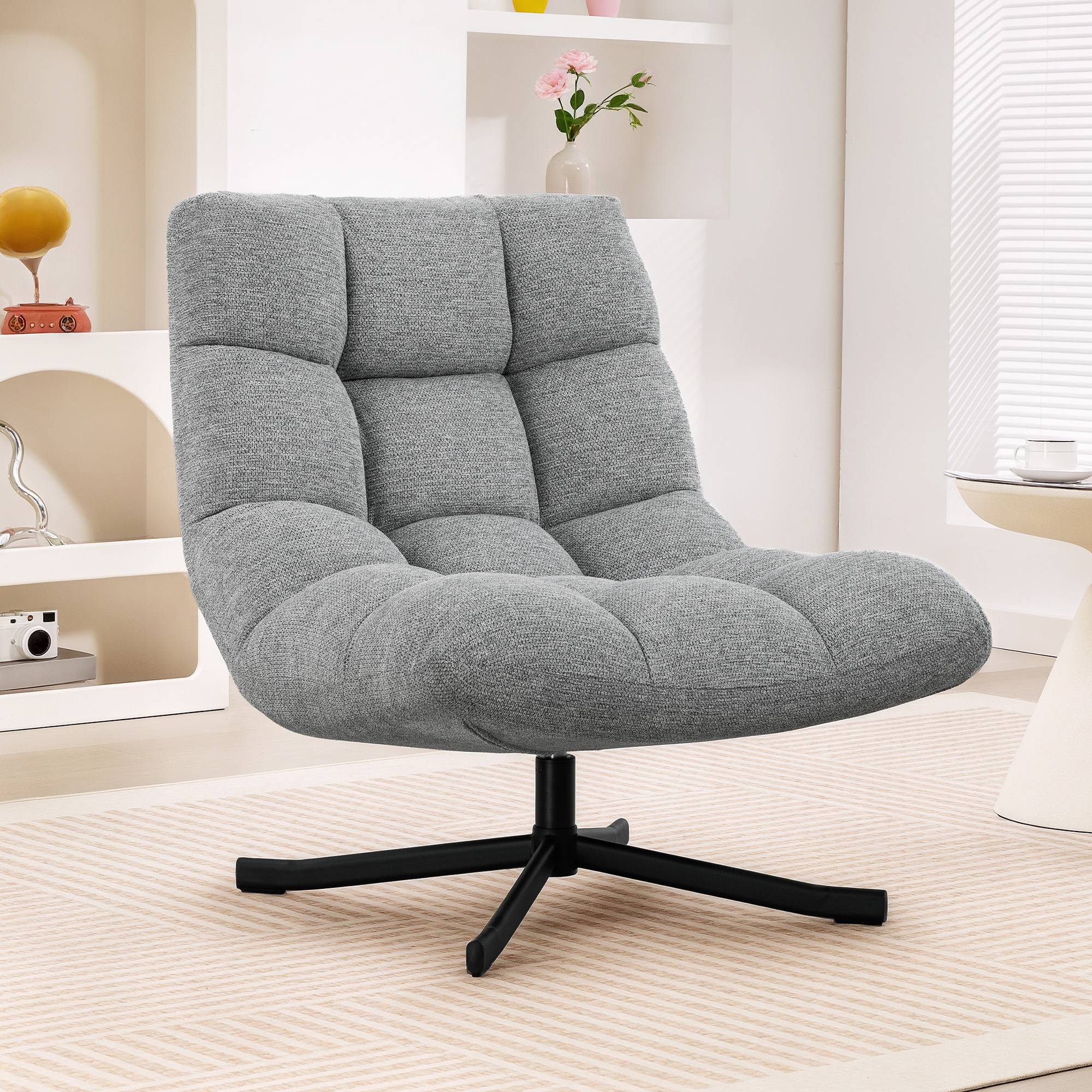 Fauteuil salon sans accoudoirs, chaise pivotante en tissu chenille, assise large, 75 x 95 x 90 cm, gris - Image 3
