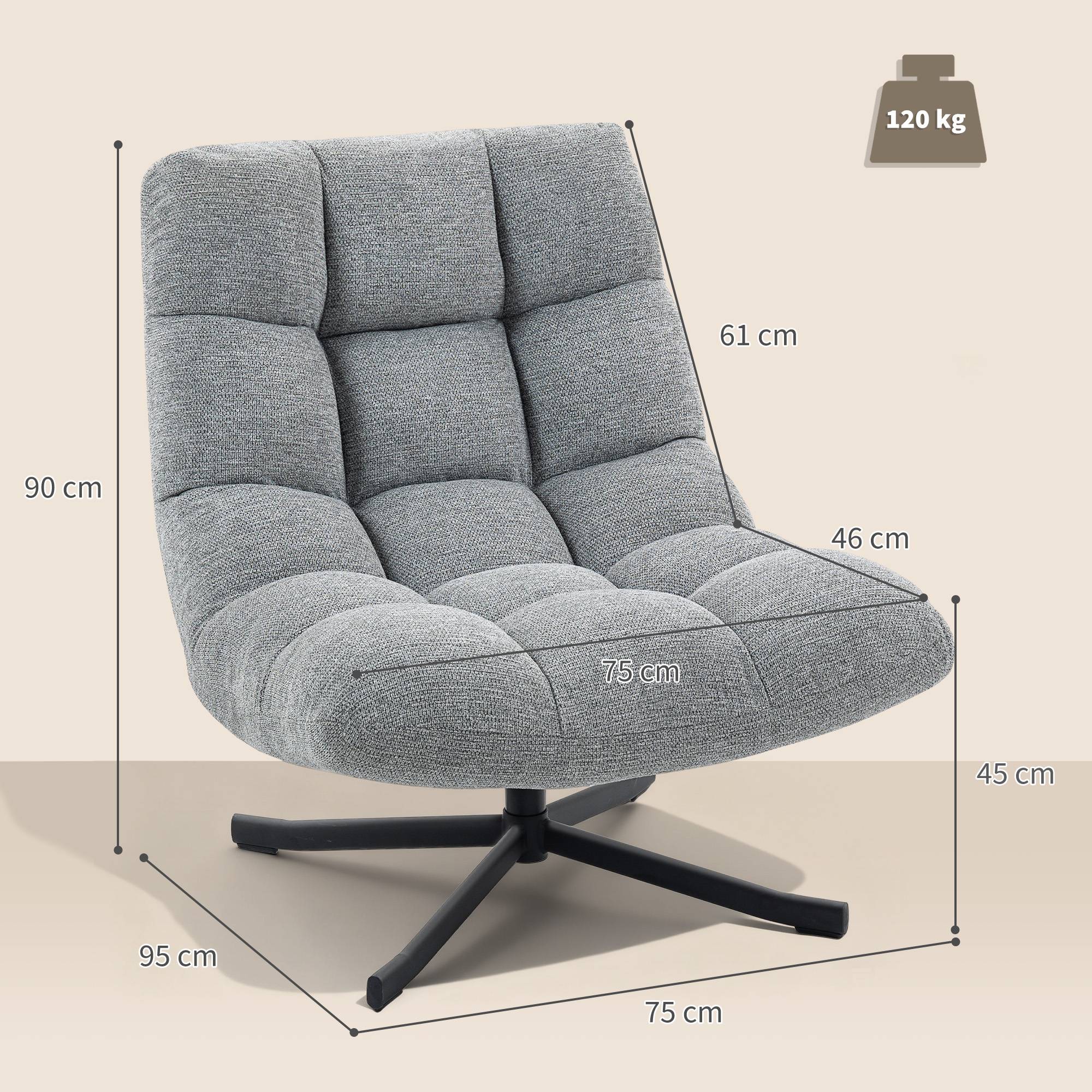 Fauteuil salon sans accoudoirs, chaise pivotante en tissu chenille, assise large, 75 x 95 x 90 cm, gris - Image 5