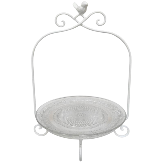 Plateau à gateau serviteur sur pied en métal blanc et verre Ø.25.5 x 38 cm Chemin de campagne