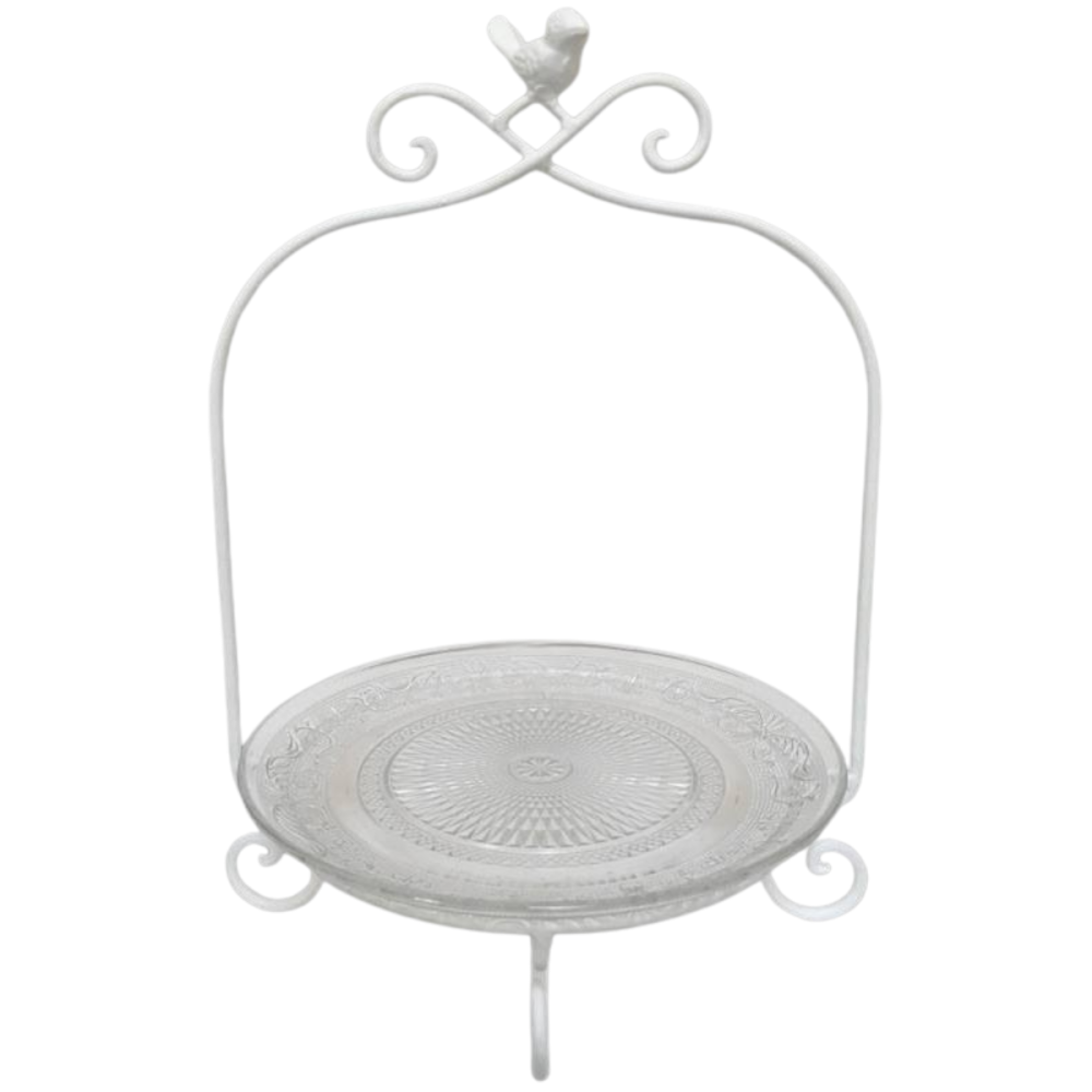 Plateau à gateau serviteur sur pied en métal blanc et verre Ø.25.5 x 38 cm Chemin de campagne