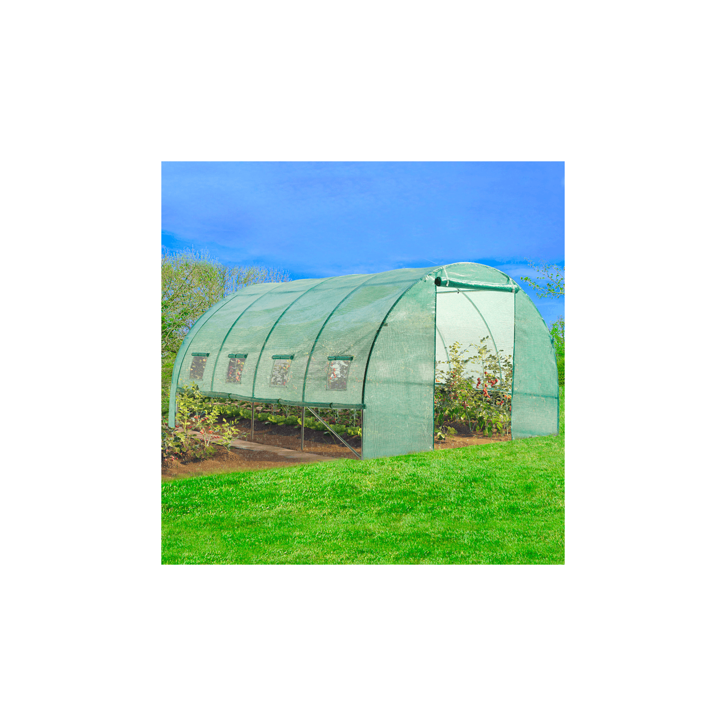 IDMARKET - Serre de jardin tunnel 12m² 4 x 3 x 2 m acier galvanisé + bâche anti-UV avec porte et fenêtres ZEBRA verte toutes saisons - Image 1