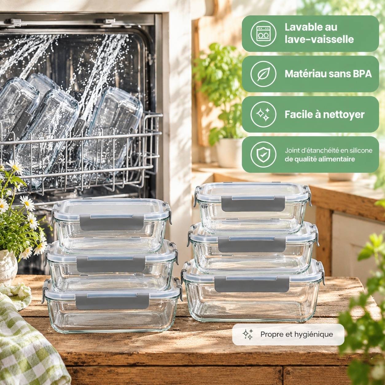 Set de 8 Contenants Alimentaires en Verre Borosilicate avec Couvercles Hermétiques - Image 6