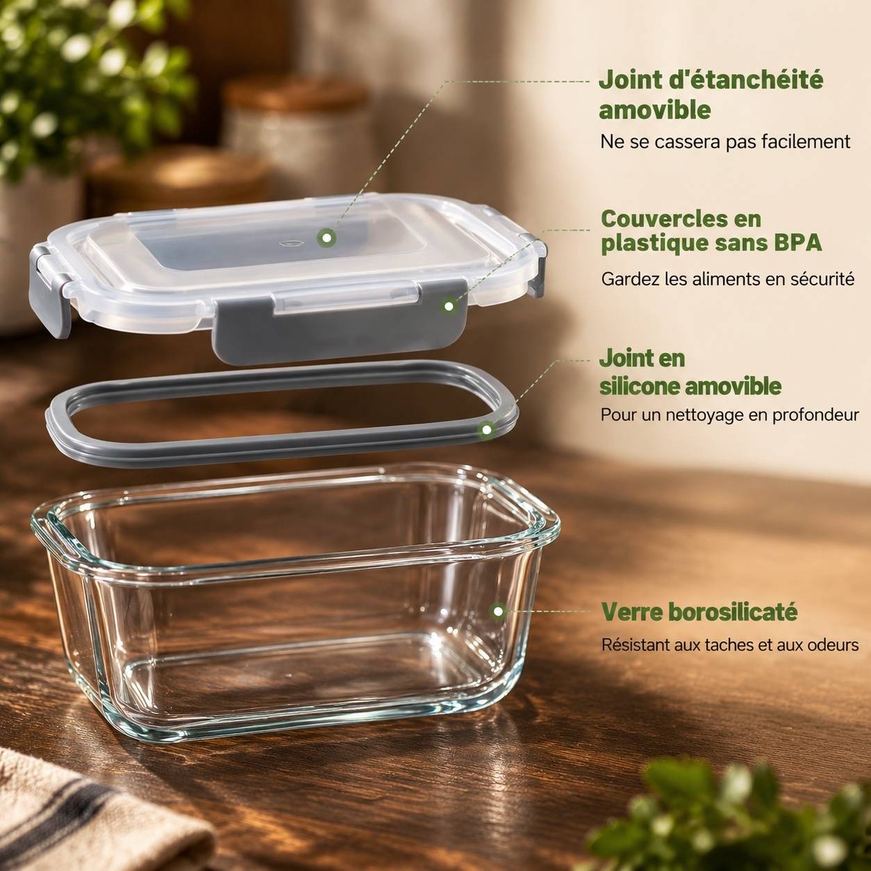 Set de 8 Contenants Alimentaires en Verre Borosilicate avec Couvercles Hermétiques - Image 4