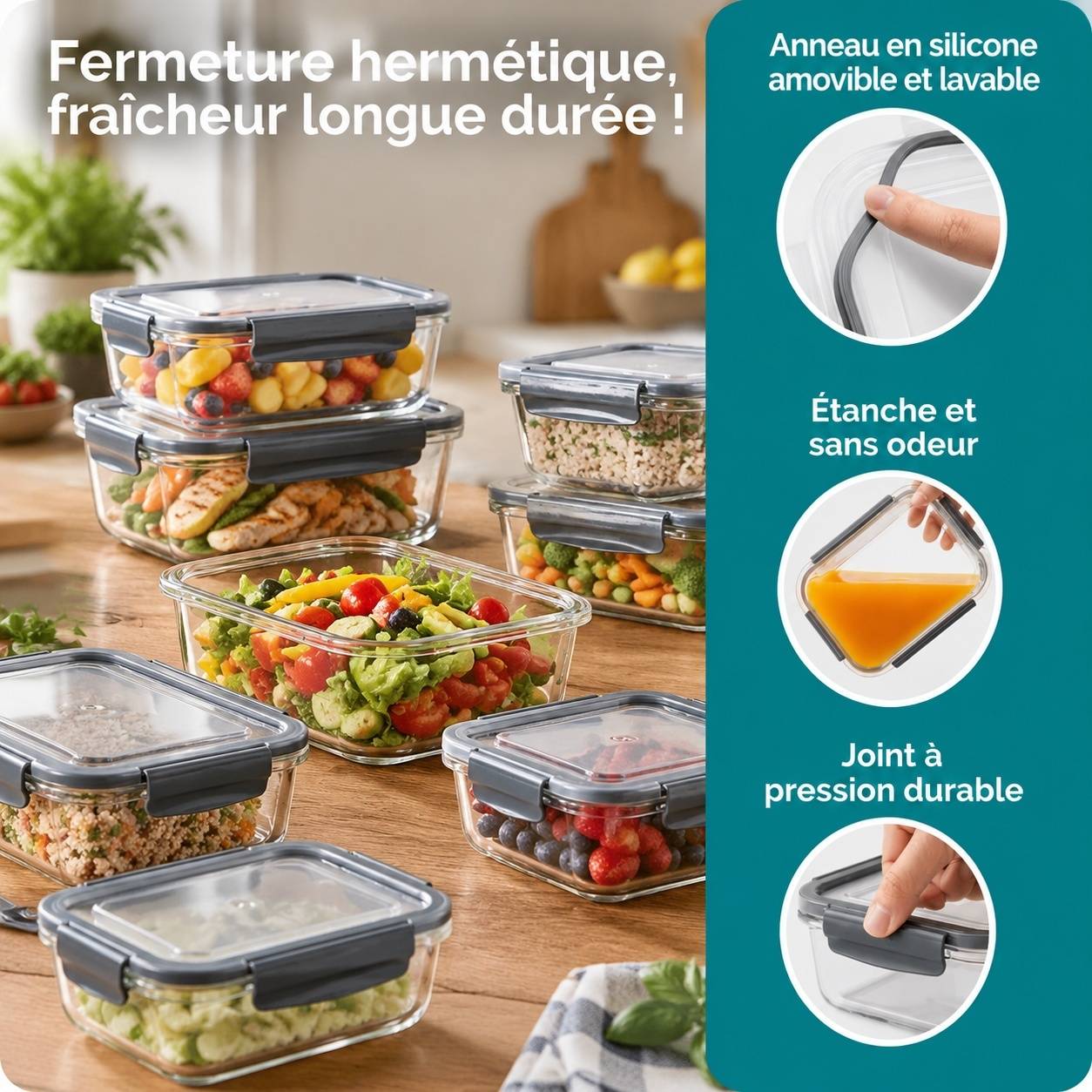 Set de 8 Contenants Alimentaires en Verre Borosilicate avec Couvercles Hermétiques - Image 5