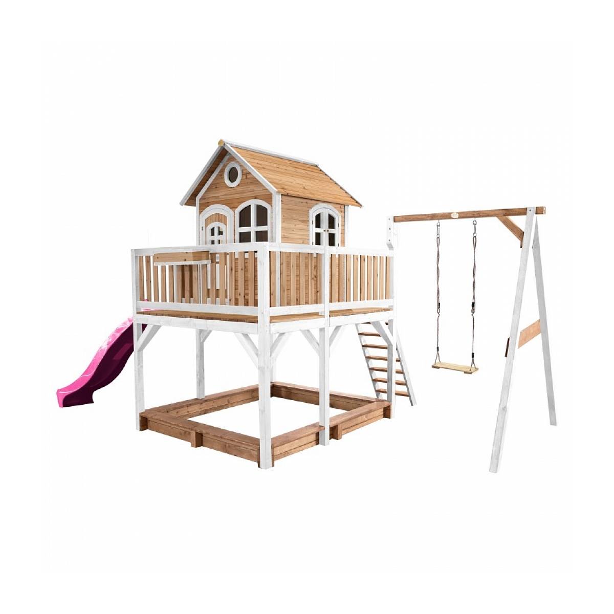 Maisonnette en Bois Axi LIAM Brun et Blanc avec Toboggan Violet, Balançoire et Bac à Sable - Image 1
