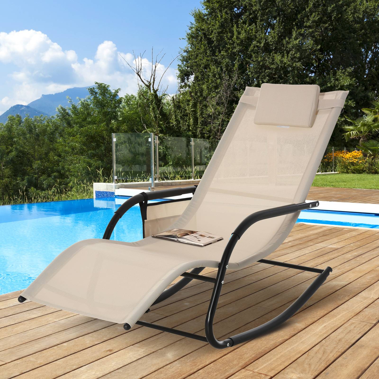Fauteuil à bascule métal et textilène beige 150 x 62 x 88 cm - PANGIVO - Image 3
